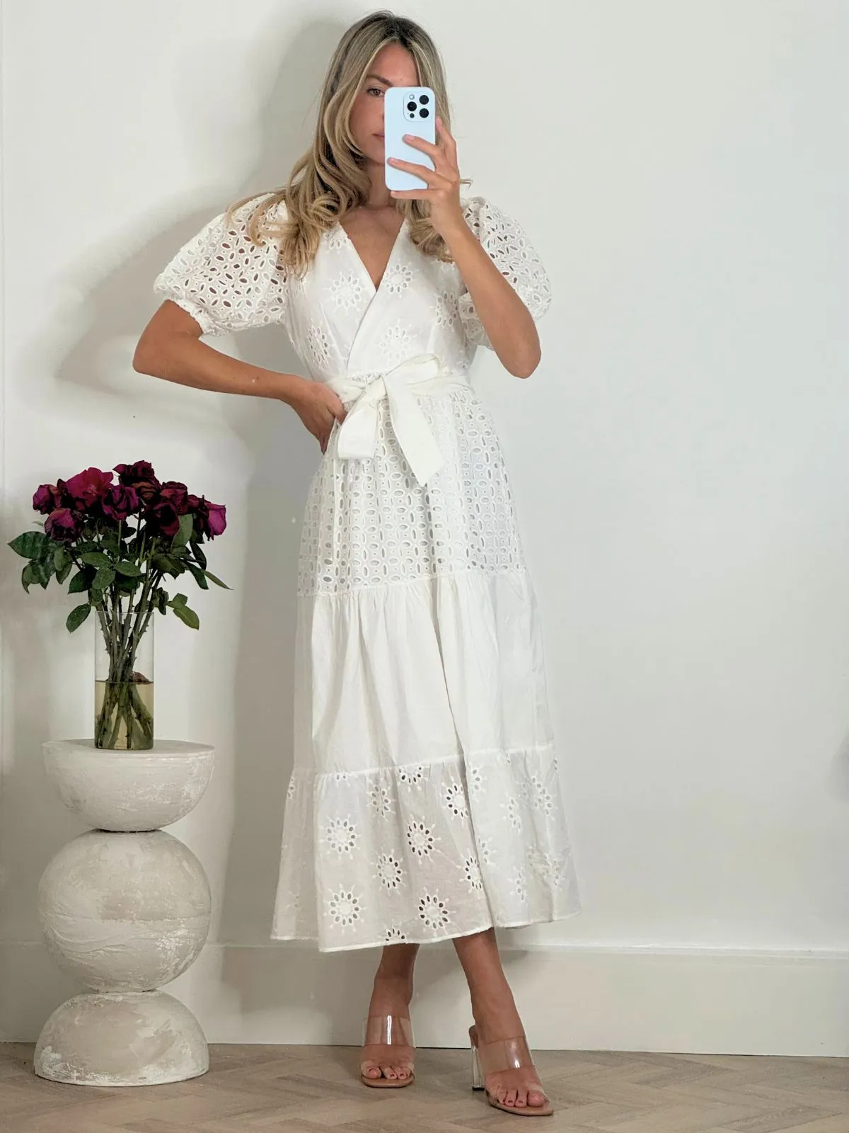 Flattering Silhouette Wear Claudia Puff Sleeve Broderie Midaxi Dress in White