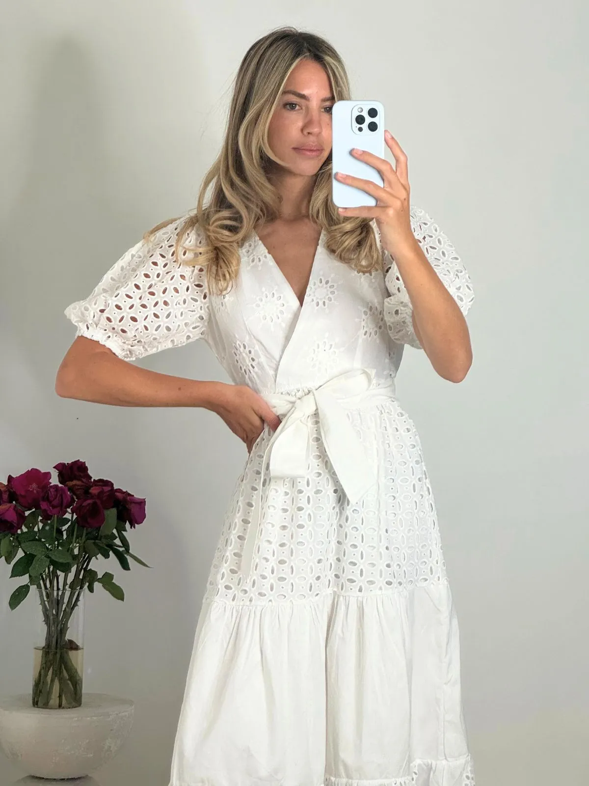 Claudia Puff Sleeve Broderie Midaxi Dress in White Coastal Soft