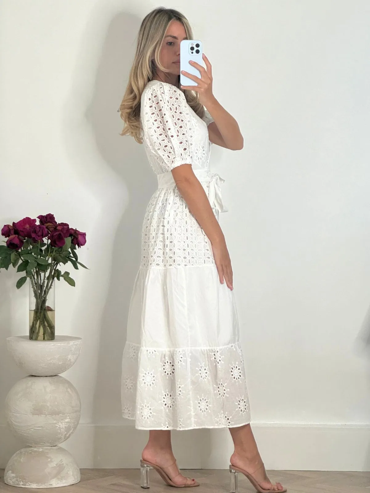 Claudia Puff Sleeve Broderie Midaxi Dress in White Flattering Shape Wear