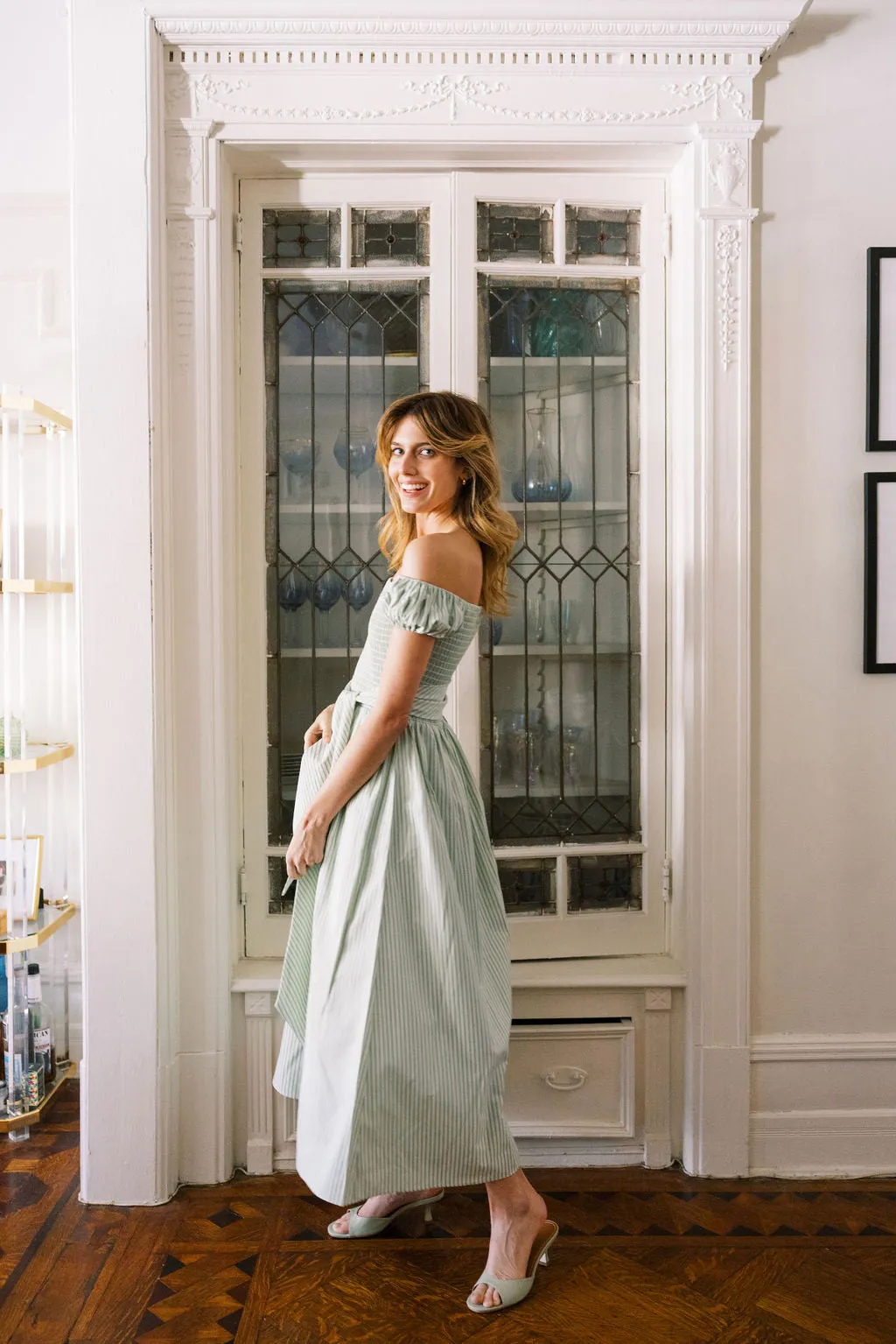 MASON'S DAUGHTER | Nora Dress, Green/Green Striped Poplin Sleek Fit