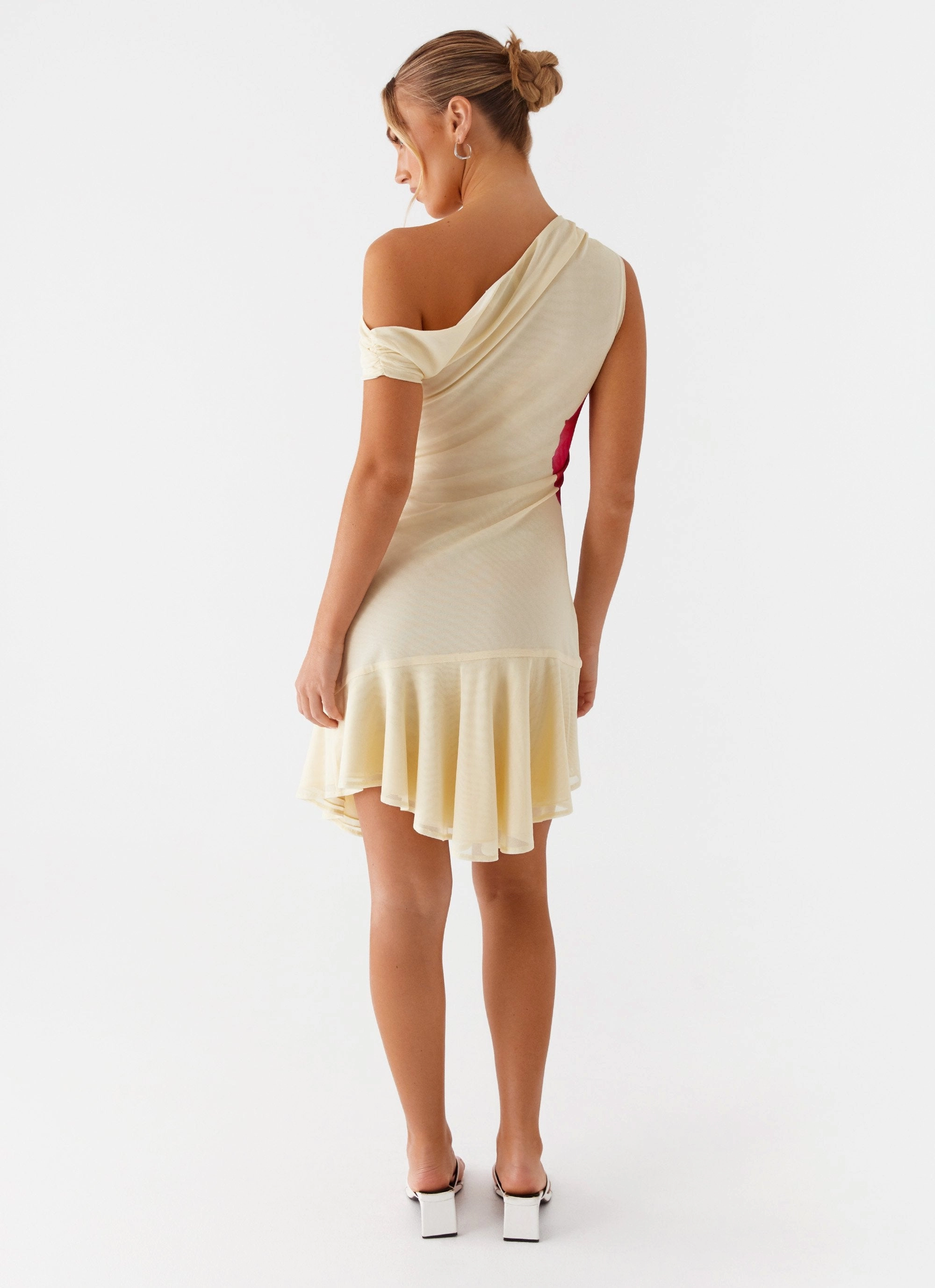 Clementina One Shoulder Mini Dress - Yellow velvet feel