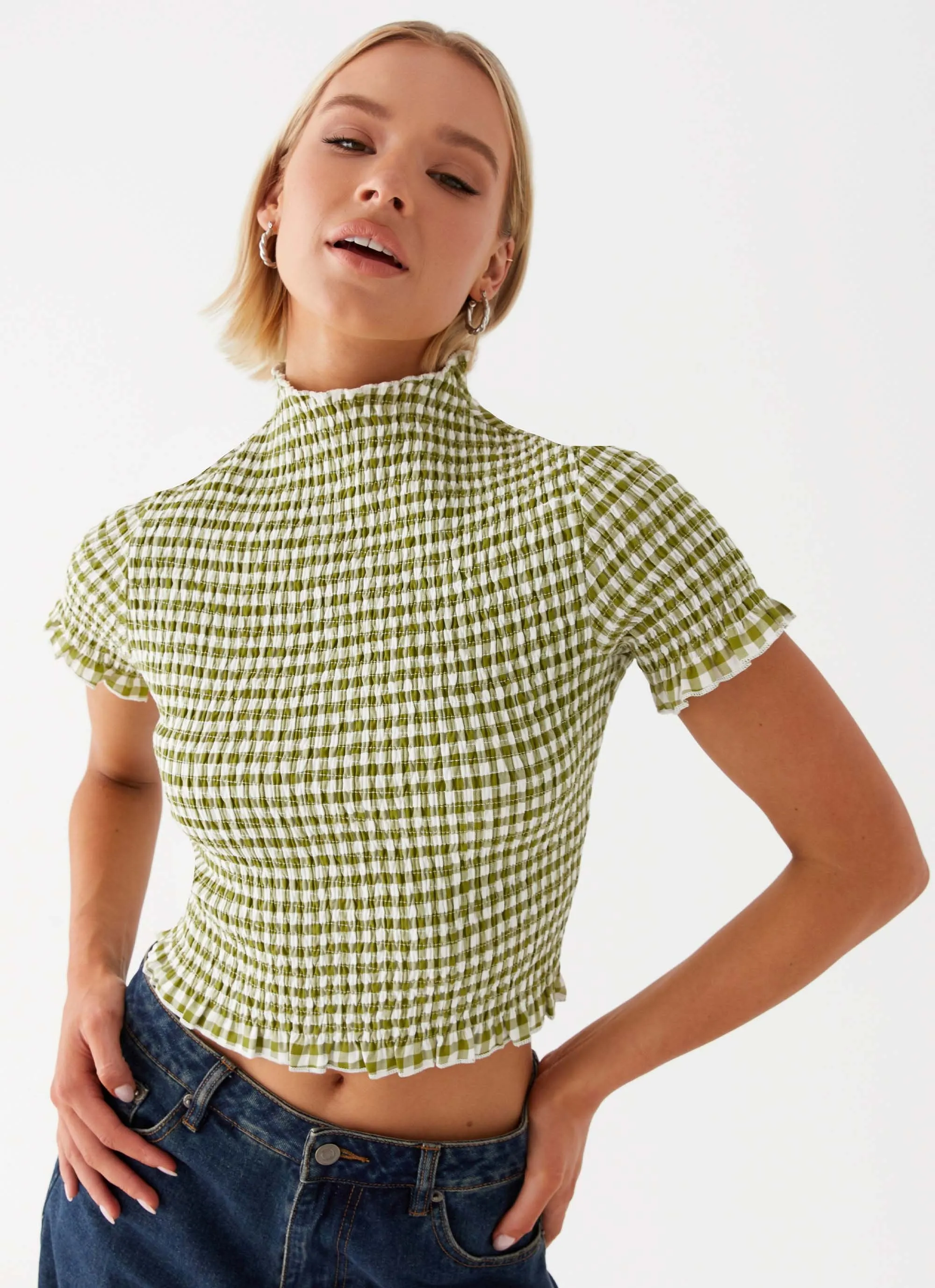 Cleo Tee - Khaki Gingham Practical Design loose but not baggy