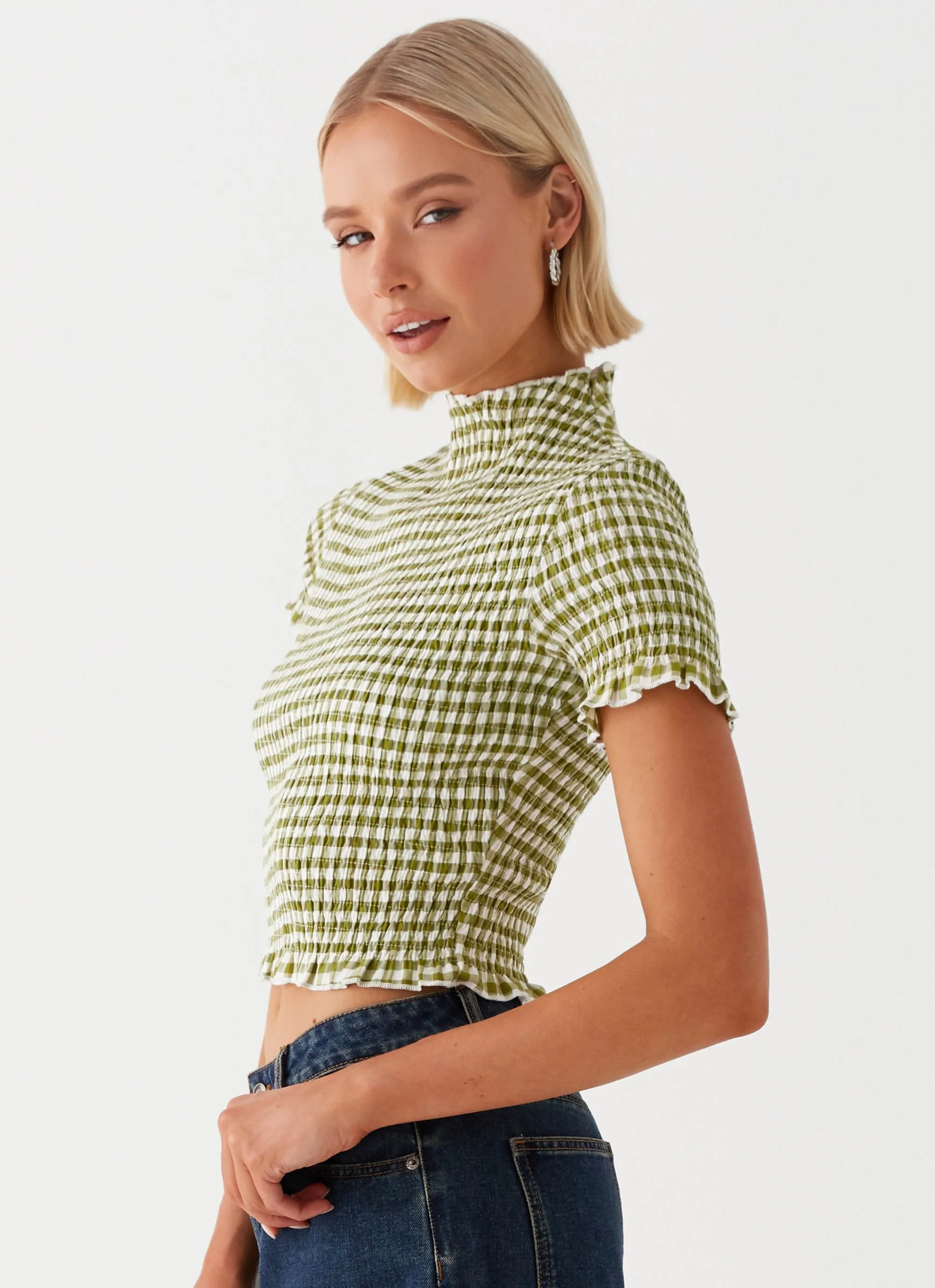 Cleo Tee - Khaki Gingham Weekend Comfort Anti Bacterial Treatment