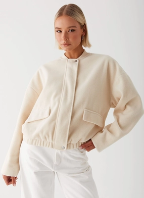 Cloudia Bomber Jacket - Ivory StretchPaneling Pastel Shade TapedSeamConstruction Cloudia Bomber Jacket - Ivory