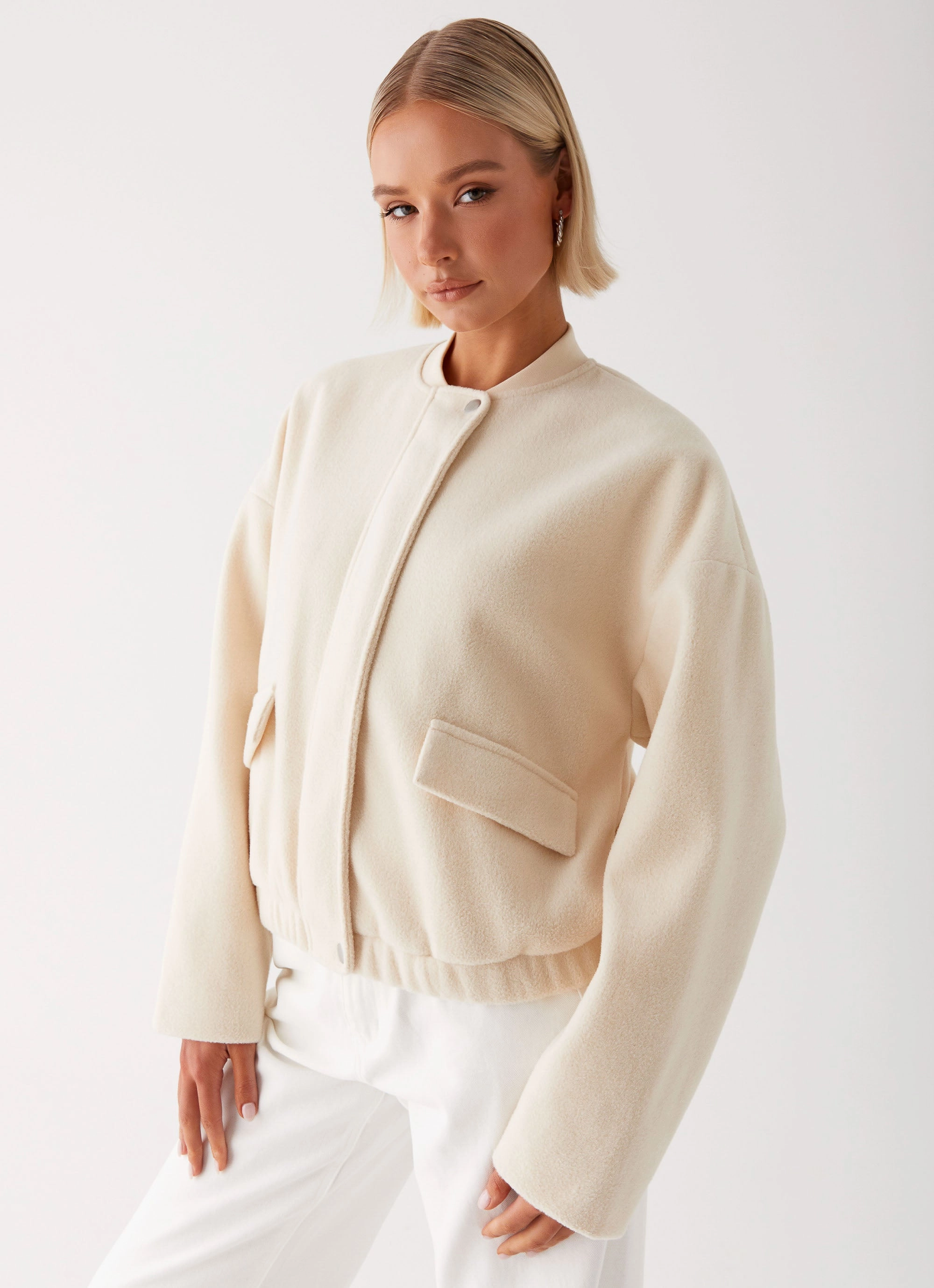 Easy Care Finish Hypoallergenic Interior Layer Cloudia Bomber Jacket - Ivory