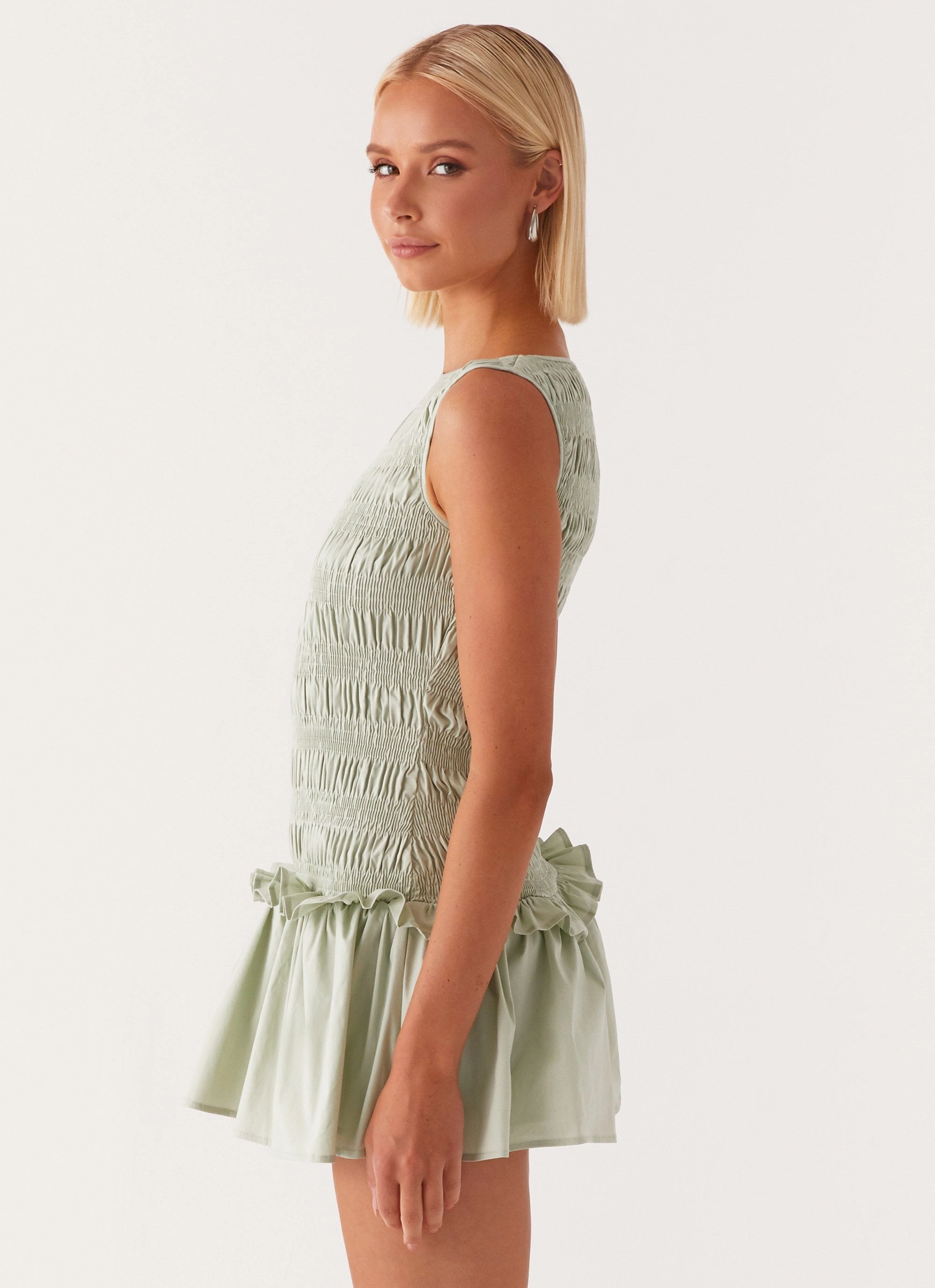 Garden Kisses Shirred Mini Dress - Sage Influencer-Style Premium Fabric