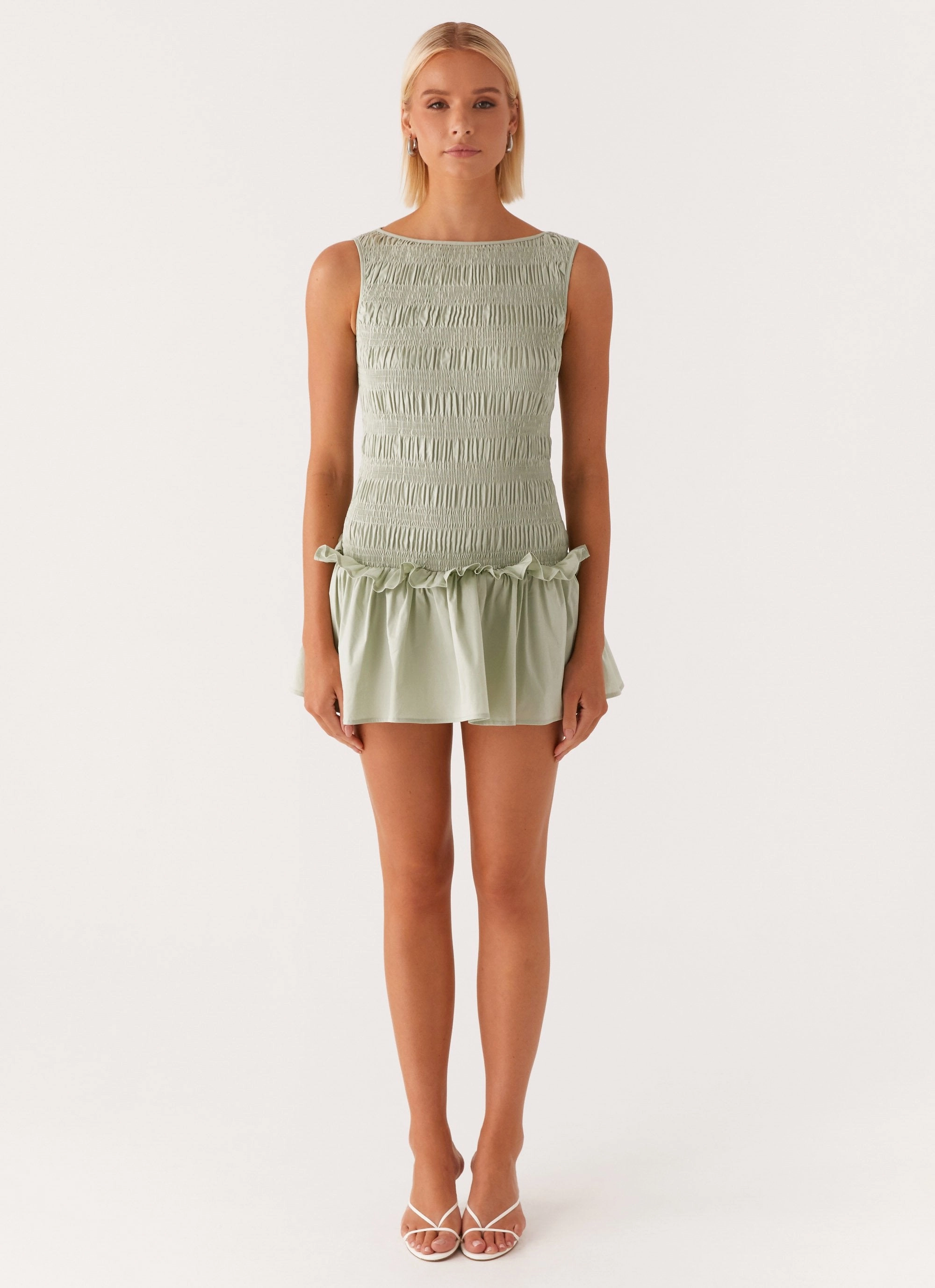 Sophisticated Touch Texture Edge Garden Kisses Shirred Mini Dress - Sage