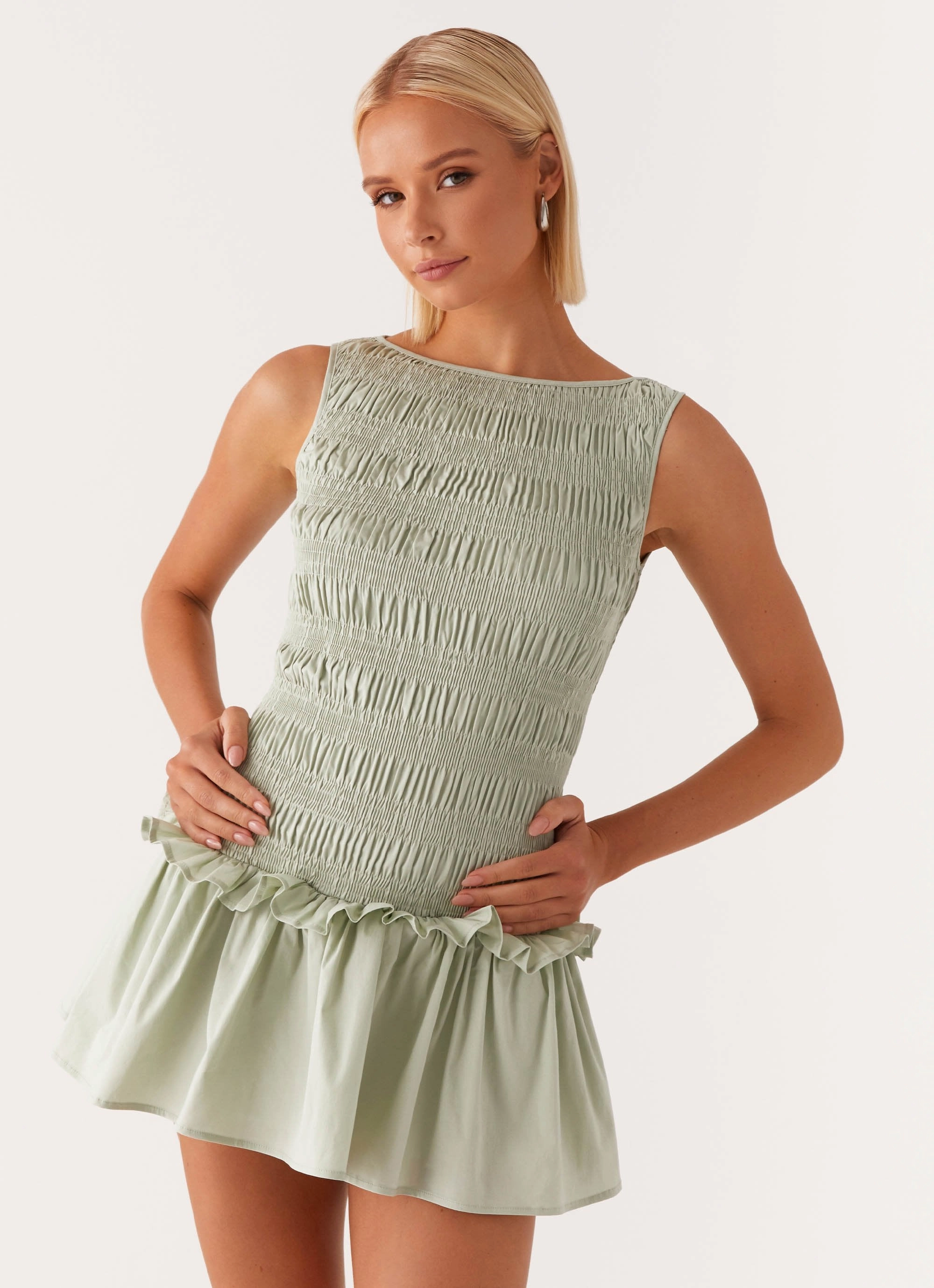 Garden Kisses Shirred Mini Dress - Sage Light Soft