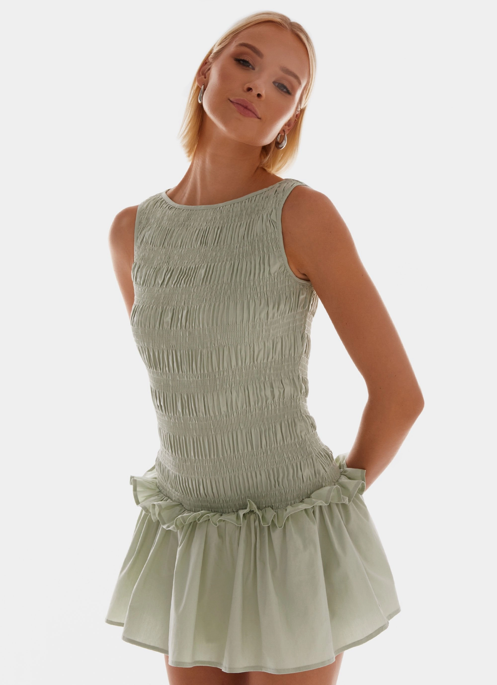 Garden Kisses Shirred Mini Dress - Sage Basic essential