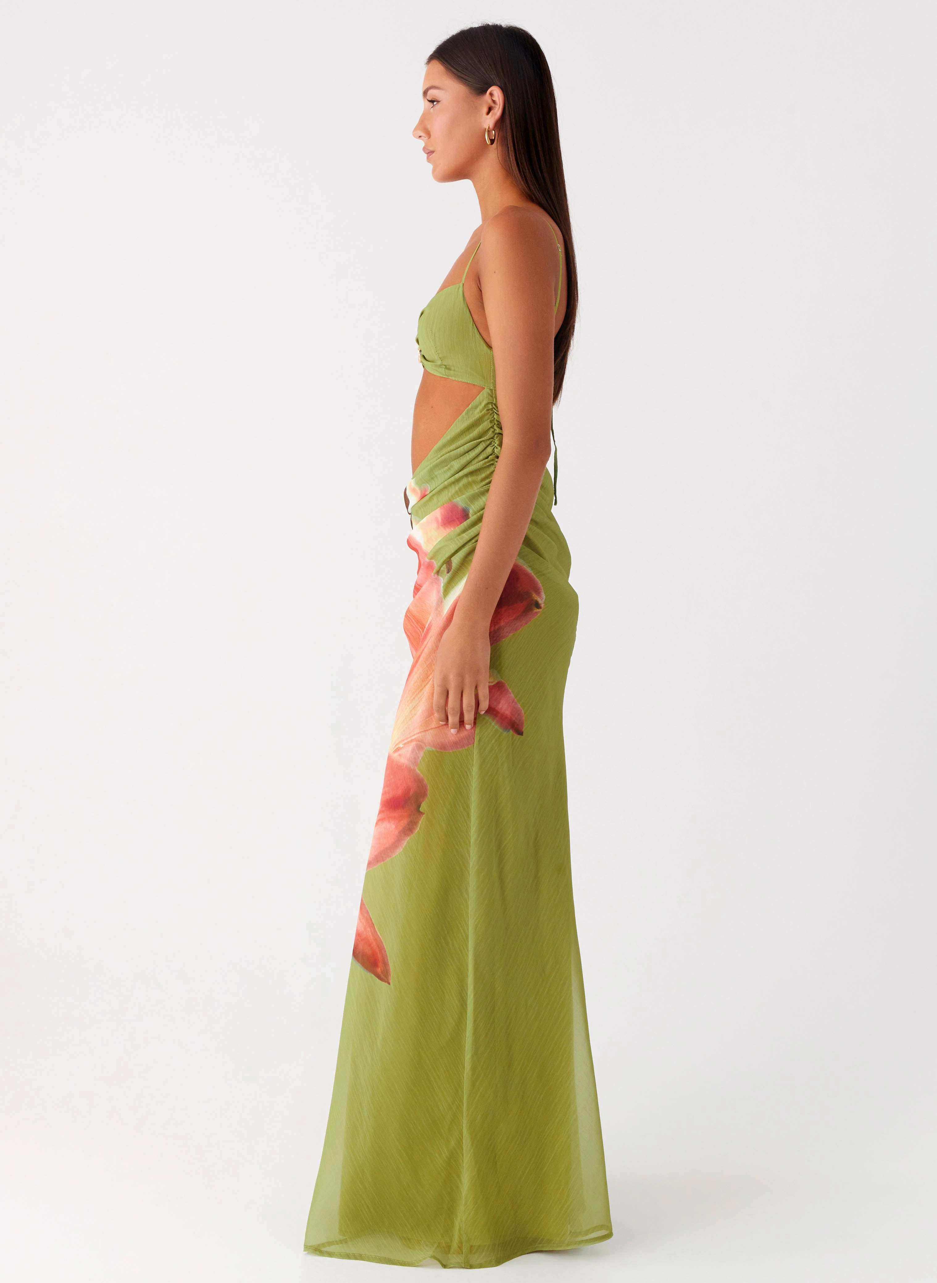 Tropic Rush Cut Out Maxi Dress - Jungle Floral Smart Layering Raw-Hem