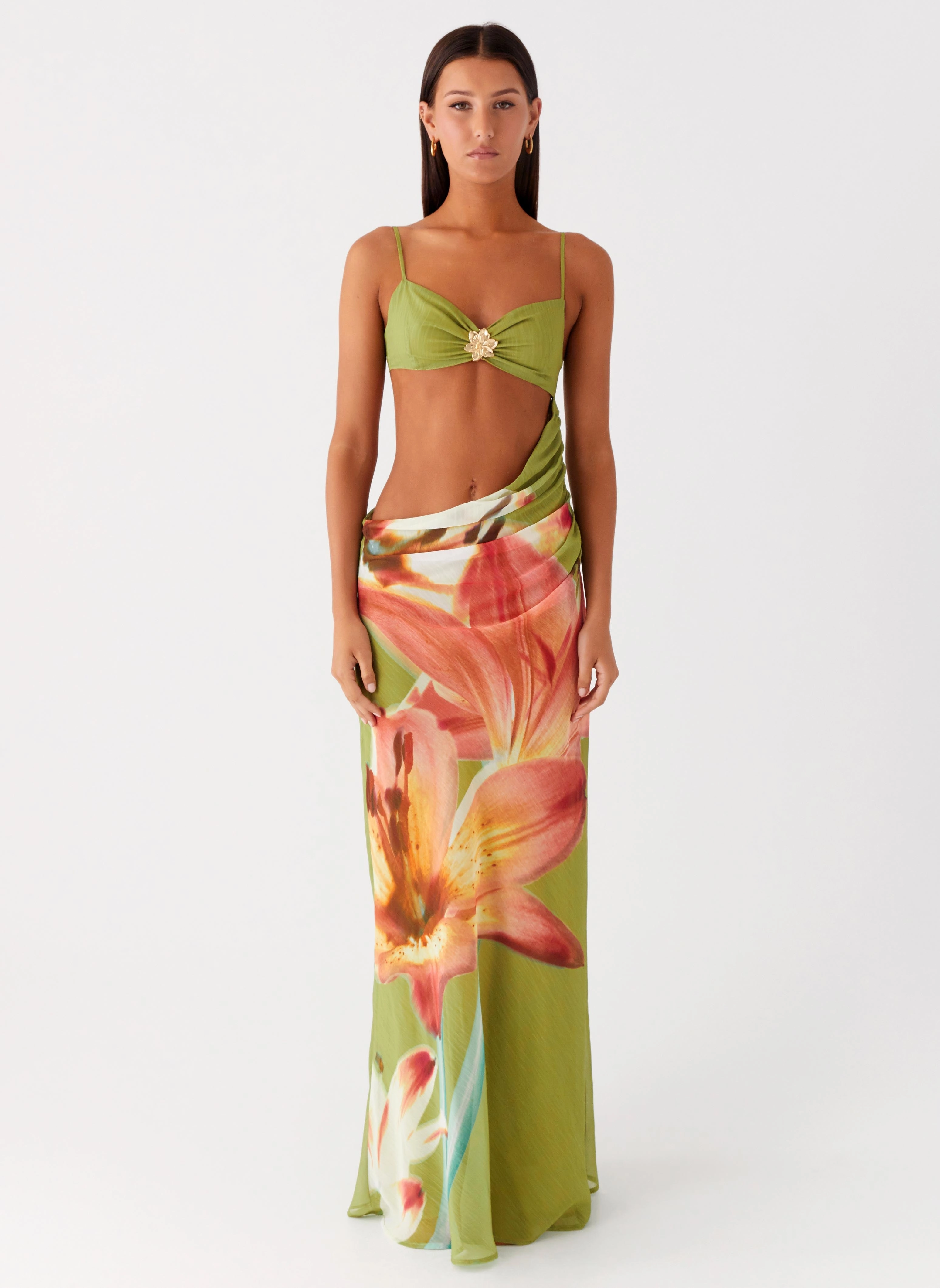 Vacation Vibe Sophisticated Comfort Tropic Rush Cut Out Maxi Dress - Jungle Floral