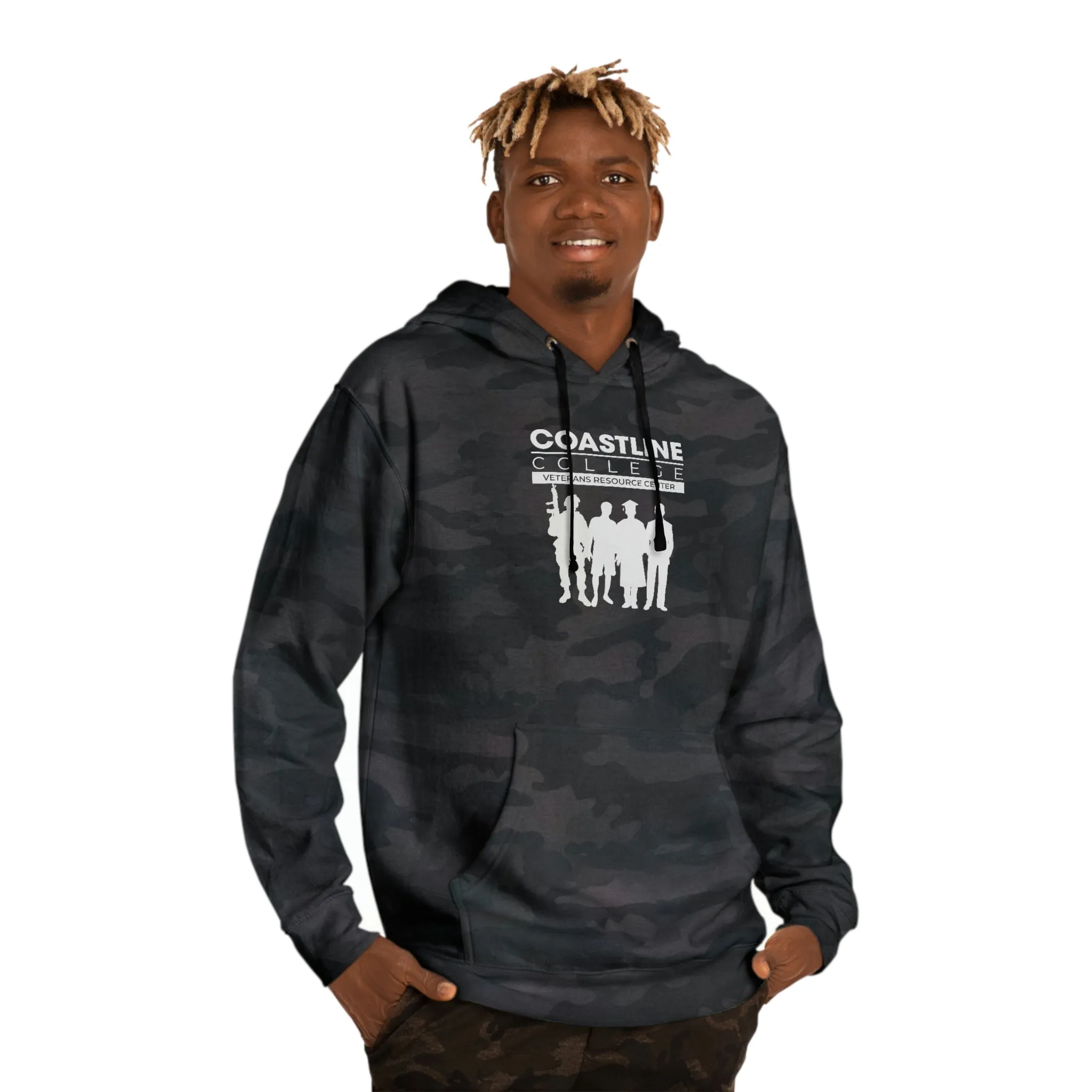 Coastline Veterans Resource Center Black Camo Unisex Hooded Sweatshirt - Front Logo