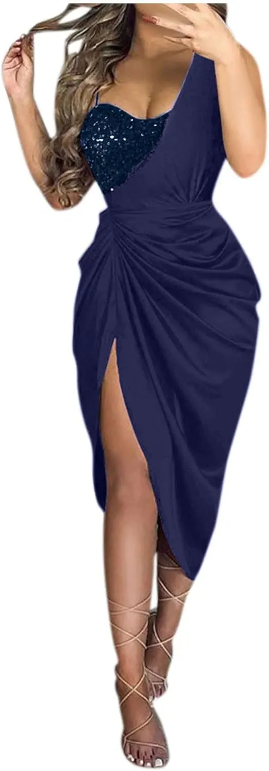 Cocktail Dresses,Sequin Bodycon One Shoulder Sexy Slit Midi Dress Formal Elegant Plus Size for Evening Dinner
