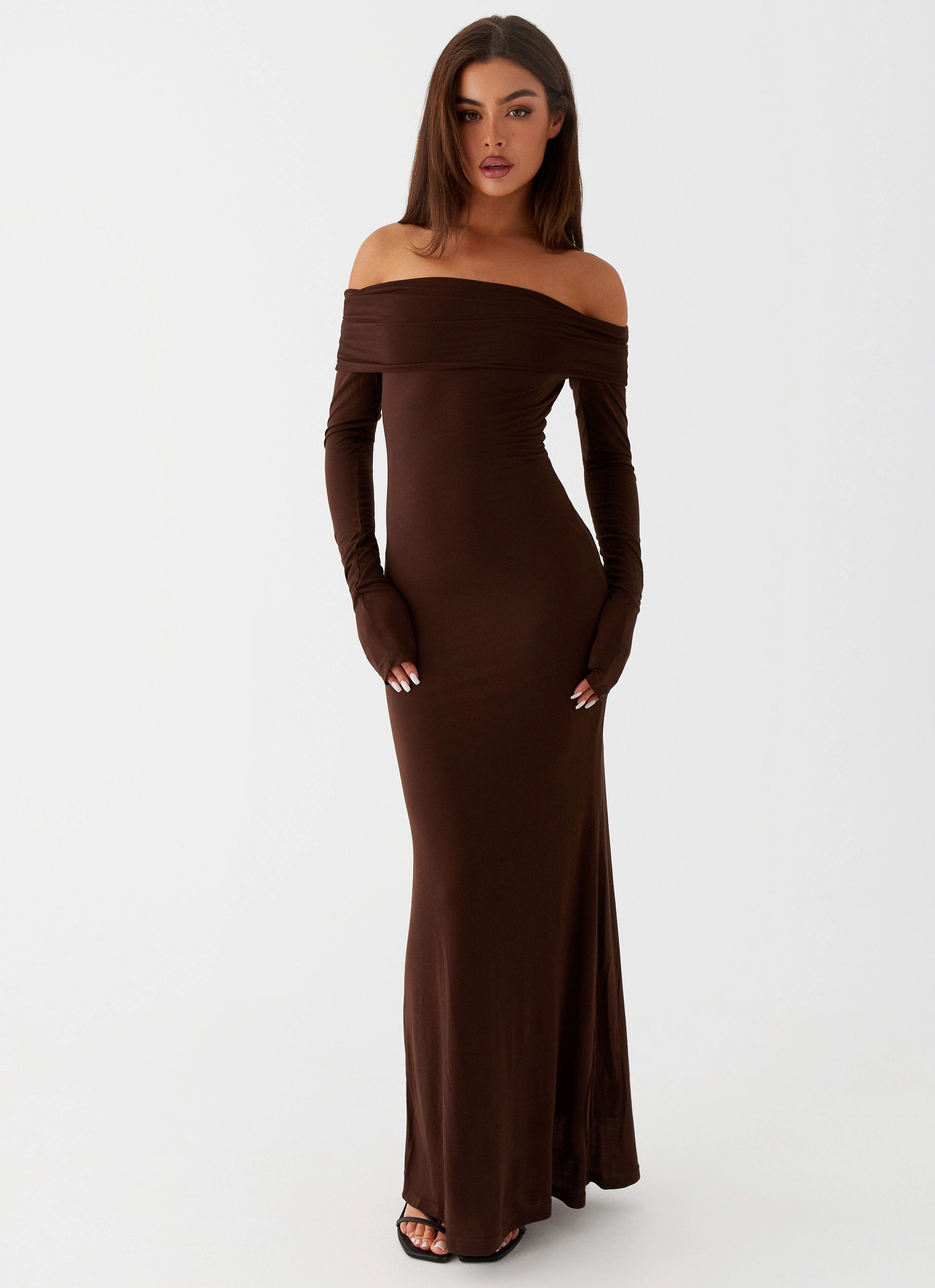 Cocoa Long Sleeve Maxi Dress - Chocolate All-Day Wear Decorative-Design