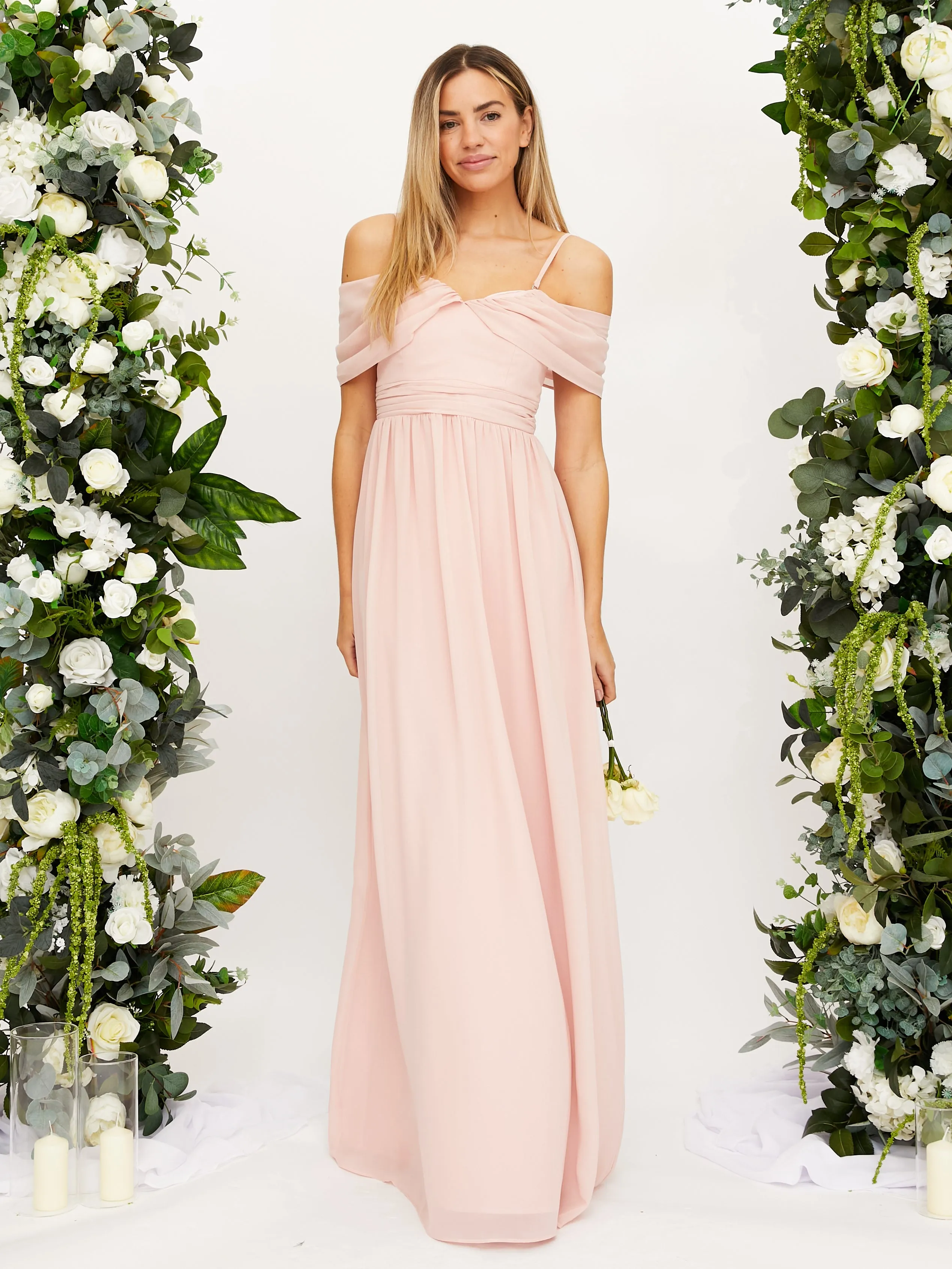 Cold Shoulder Maxi Chiffon Dress / Blush Polished Tailoring Vibrant Waist Fit