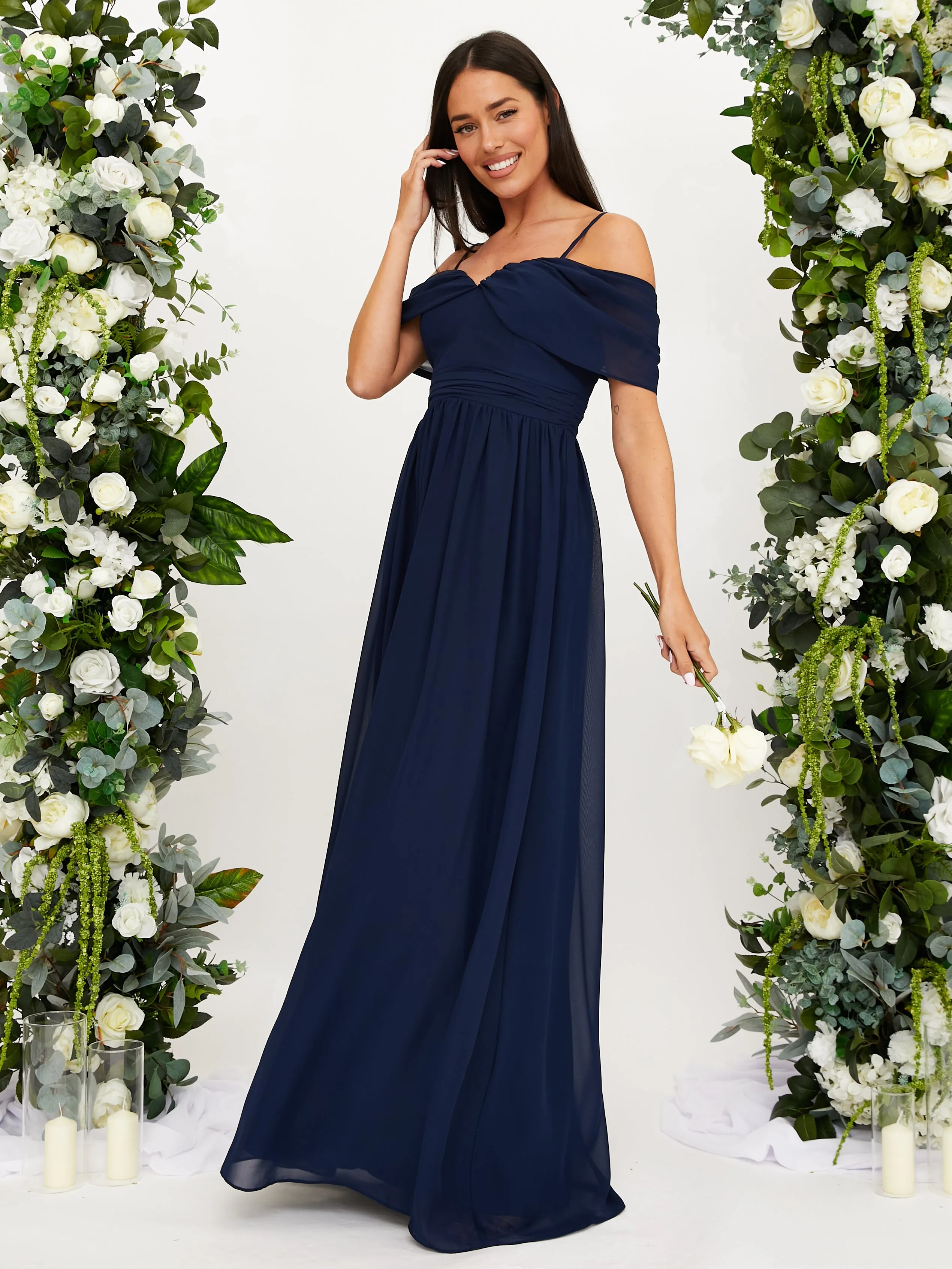 Cold Shoulder Maxi Chiffon Dress / Navy Soft Silhouette