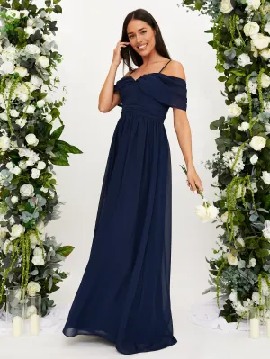 Cold Shoulder Maxi Chiffon Dress / Navy Quick Comfort Cold Shoulder Maxi Chiffon Dress / Navy Soft Silhouette