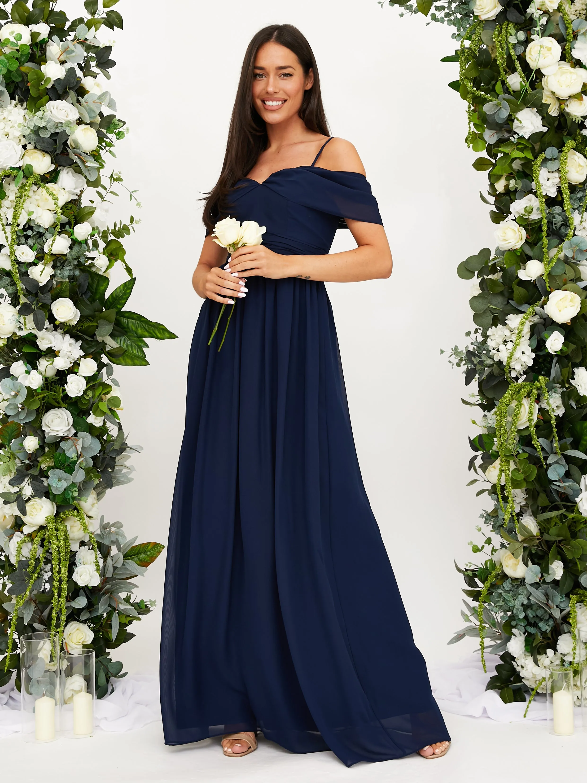 Cold Shoulder Maxi Chiffon Dress / Navy Calm Drape