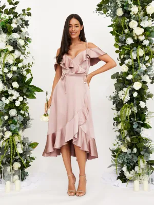 Embroidered Fabric Versatile Cut Cold Shoulder Midi Wrap Satin Dress / Blush