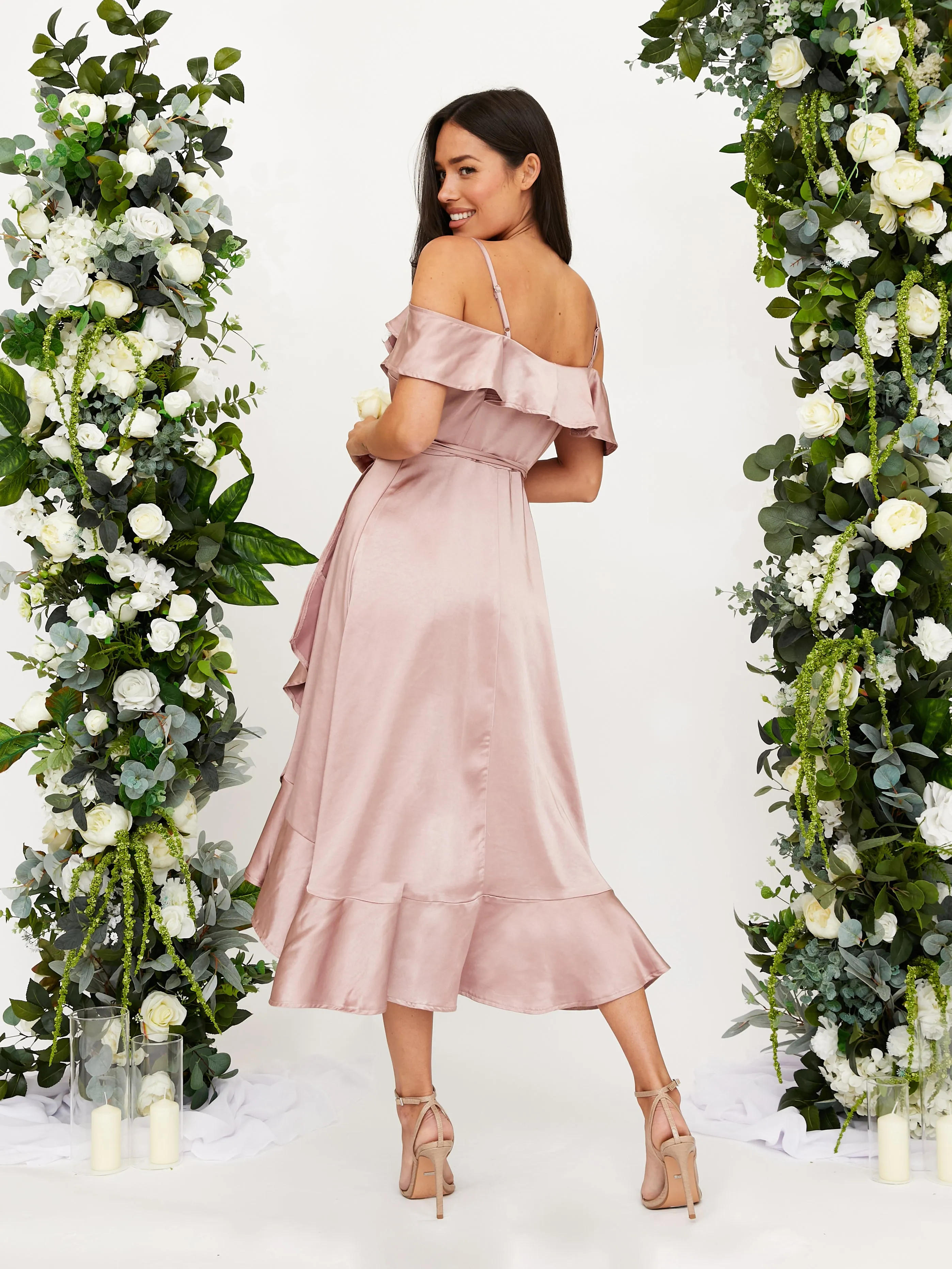 All-Occasion Wear budget-friendly Cold Shoulder Midi Wrap Satin Dress / Blush