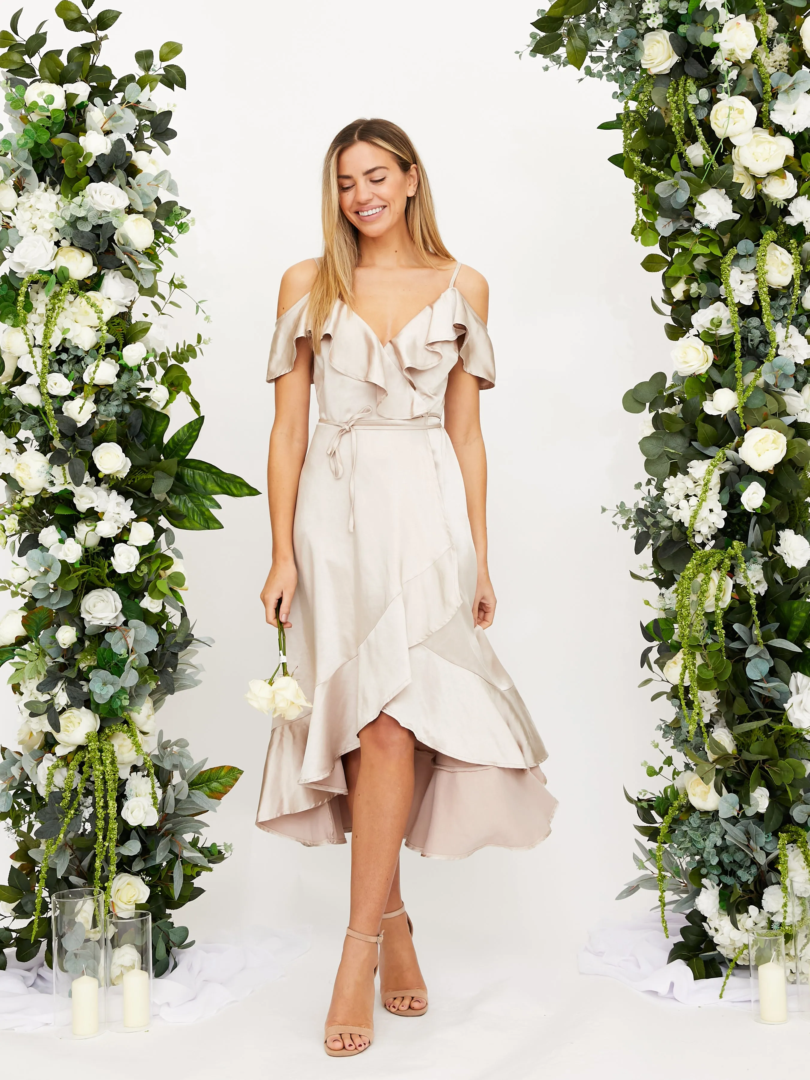 Cold Shoulder Midi Wrap Satin Dress / Champagne Luxe style