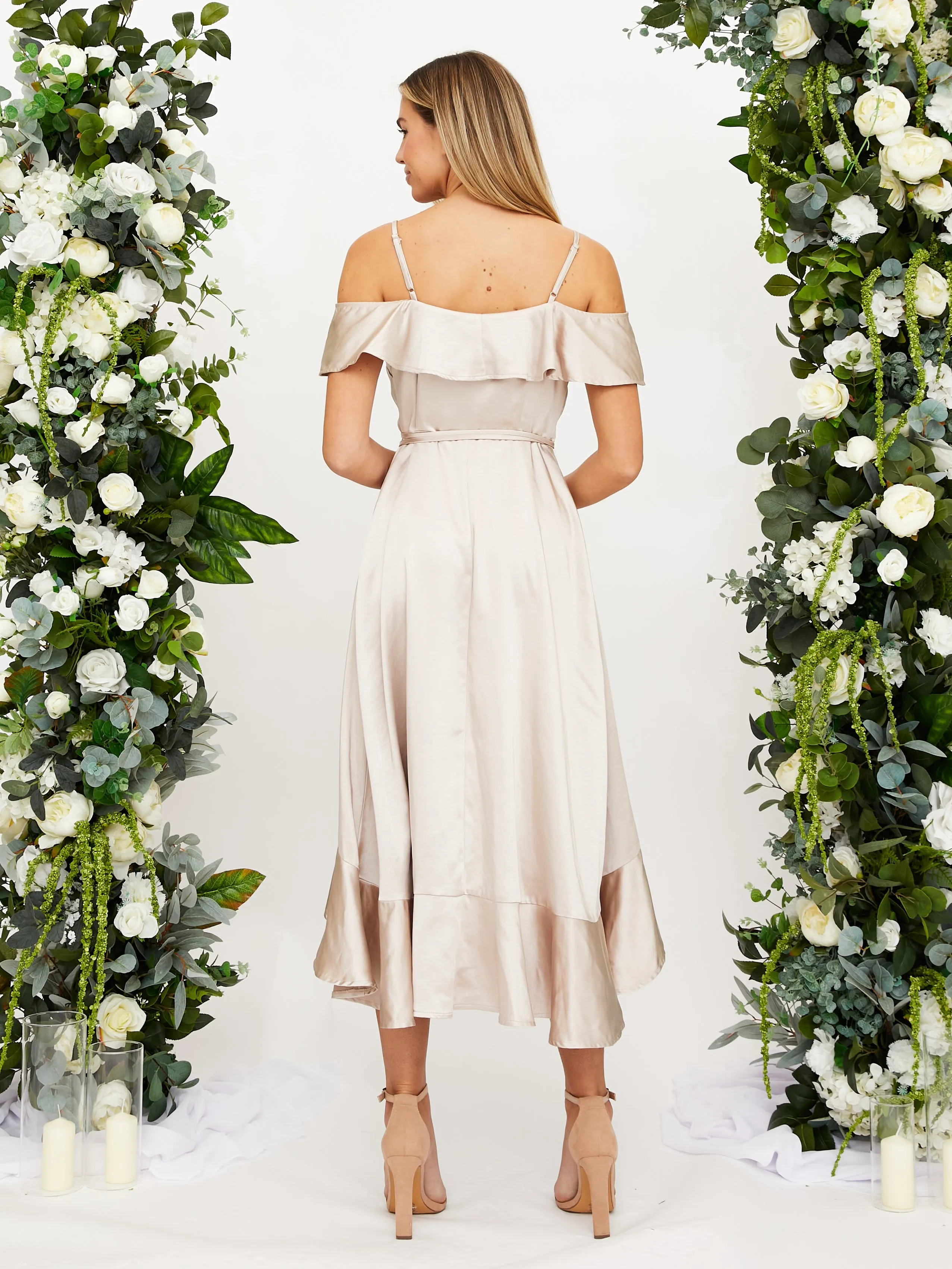 Fashion-forward day dress Cold Shoulder Midi Wrap Satin Dress / Champagne