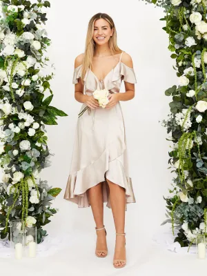Cold Shoulder Midi Wrap Satin Dress / Champagne Casual and Stylish