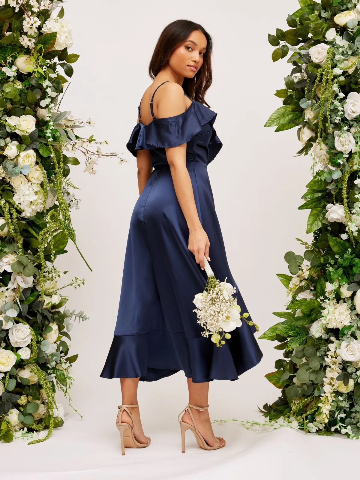 Comfortable Cut Festive Wear Cold Shoulder Midi Wrap Satin Dress / Navy