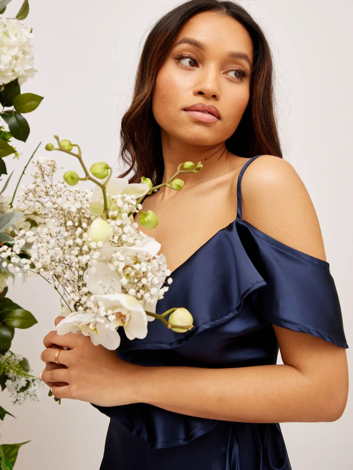 Cold Shoulder Midi Wrap Satin Dress / Navy Wave Soft MoistureWickingTechnology