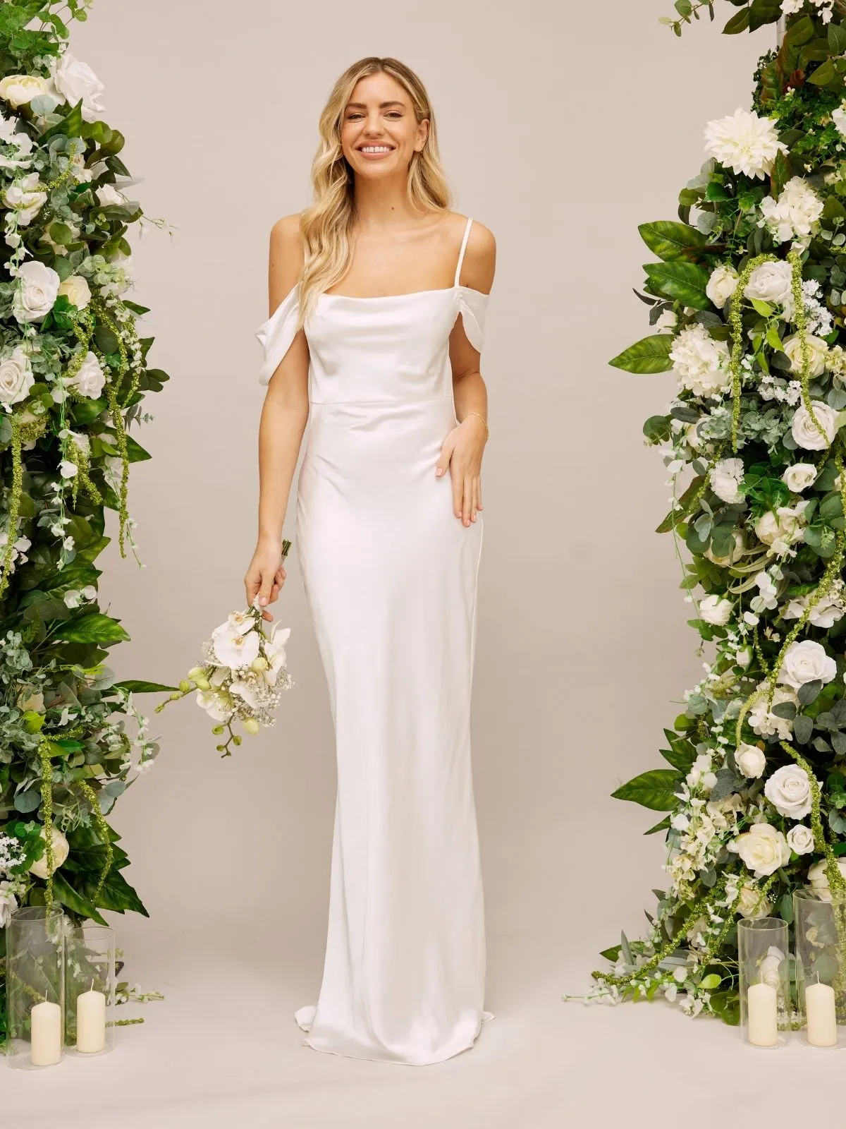 Urban Favorite Cold Shoulder Satin Bridal Maxi Dress / White