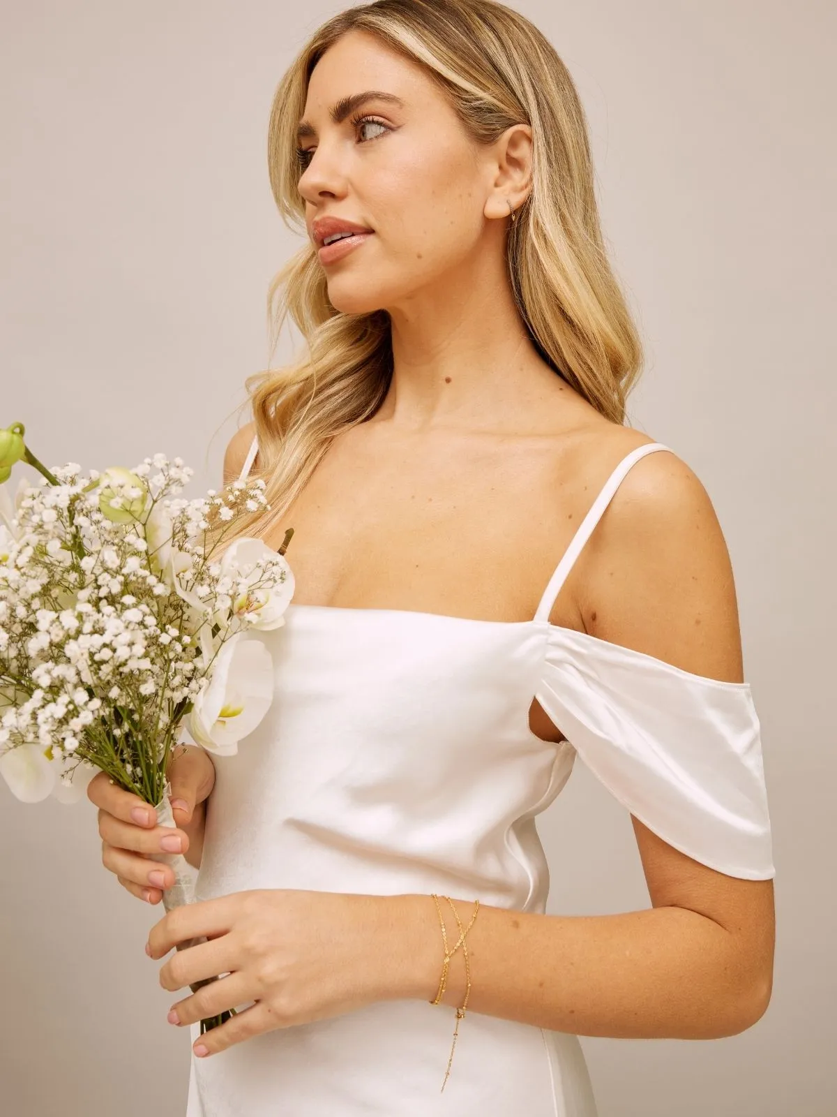 Cold Shoulder Satin Bridal Maxi Dress / White Effortless Fit Resort Outfit