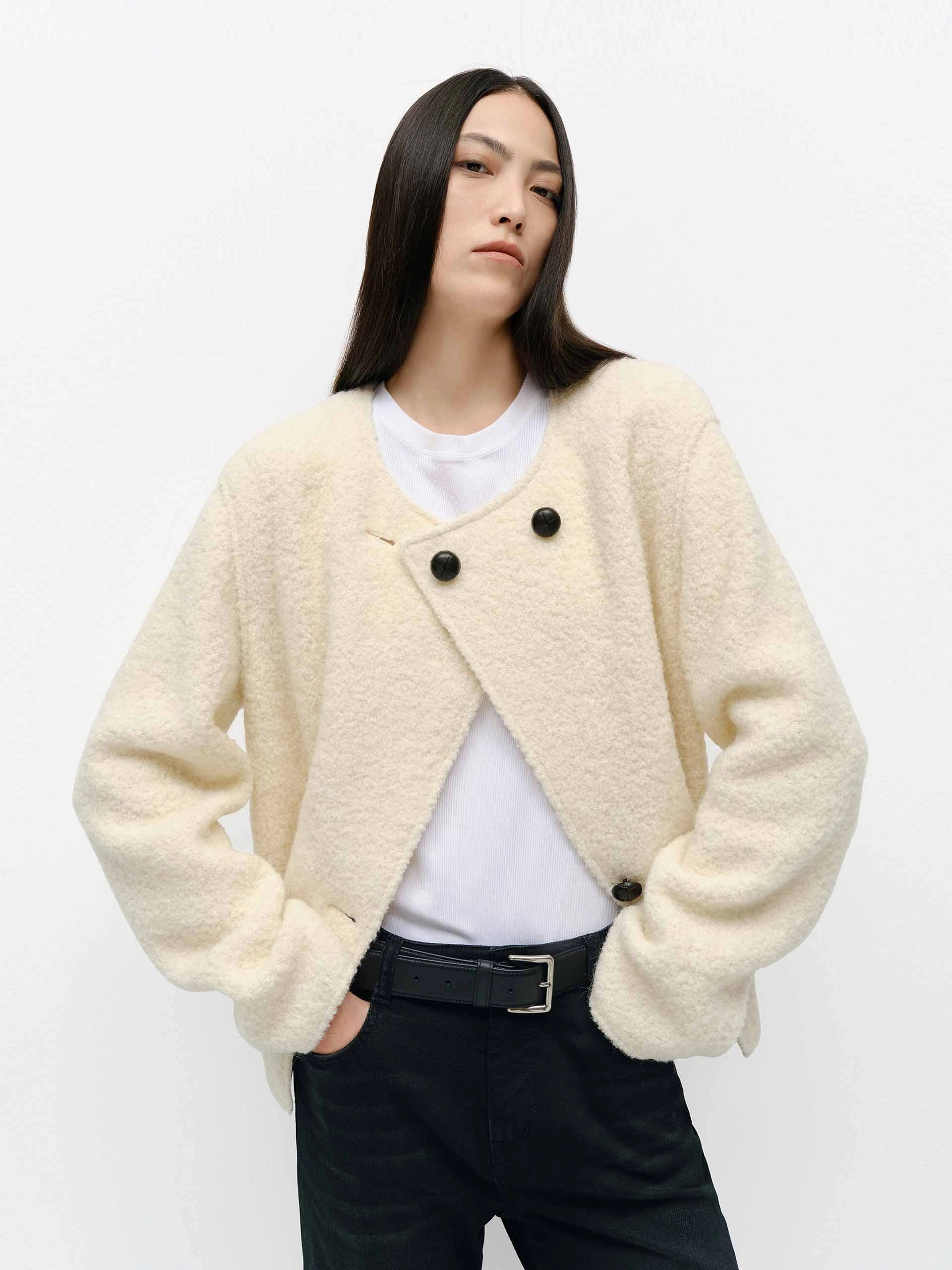 Collarless Boucle Knit Coat