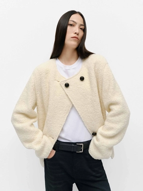 Collarless Boucle Knit Coat