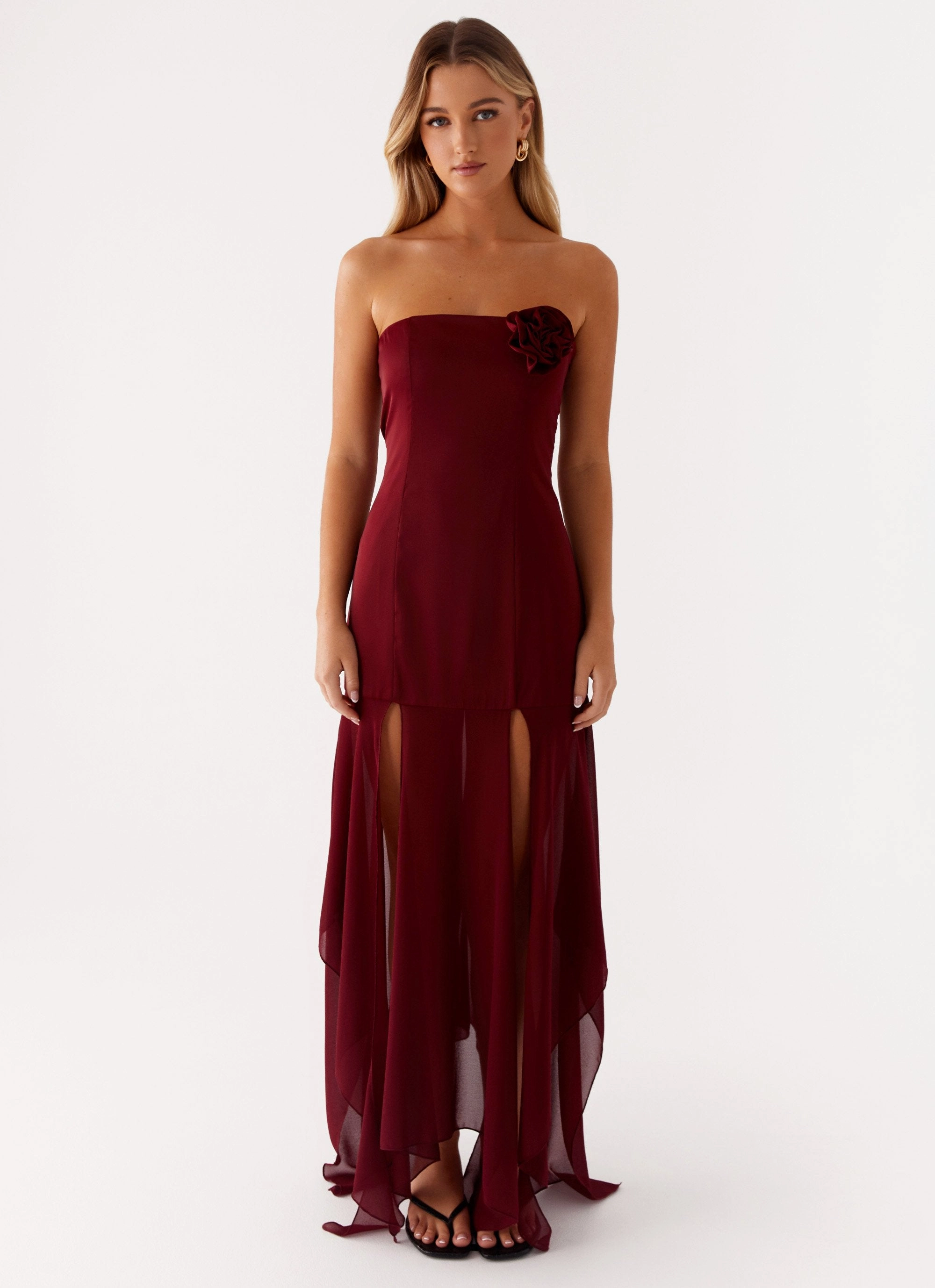 Collision Satin Maxi Dress - Cherry Red Flattering Waist Fit polka-dot