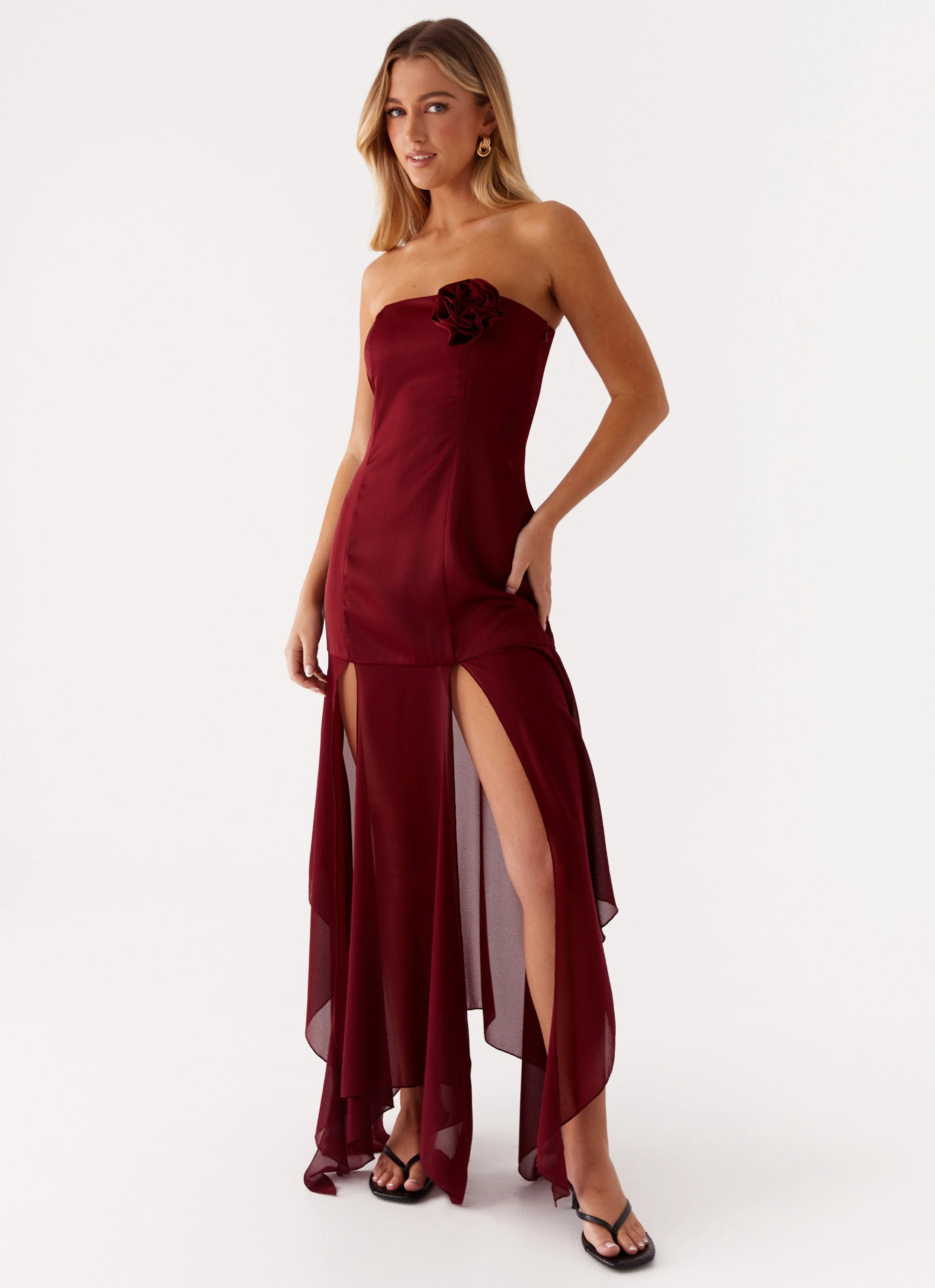 Collision Satin Maxi Dress - Cherry Red Flattering Wearable Sleek and Sleek