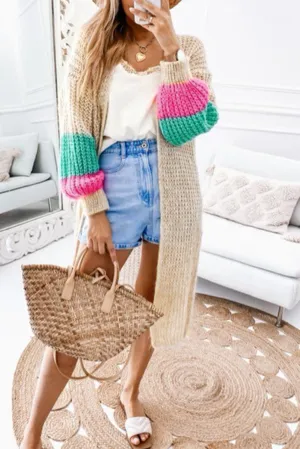 Color Block Drop Shoulder Knitted Long Cardigan