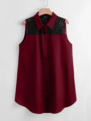 Colorblock Button Front Sleeveless Collar Long Plus Size Blouse
