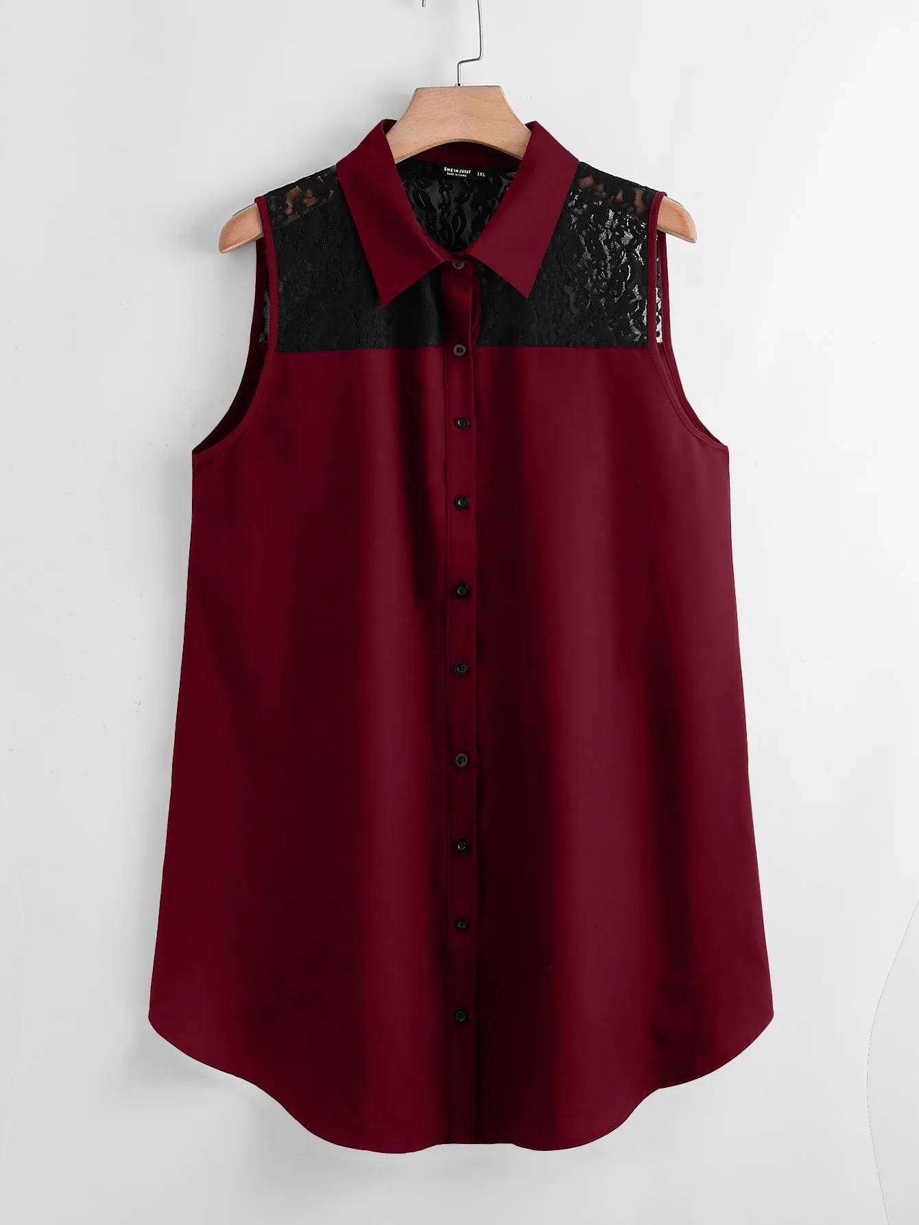 Colorblock Button Front Sleeveless Collar Long Plus Size Blouse