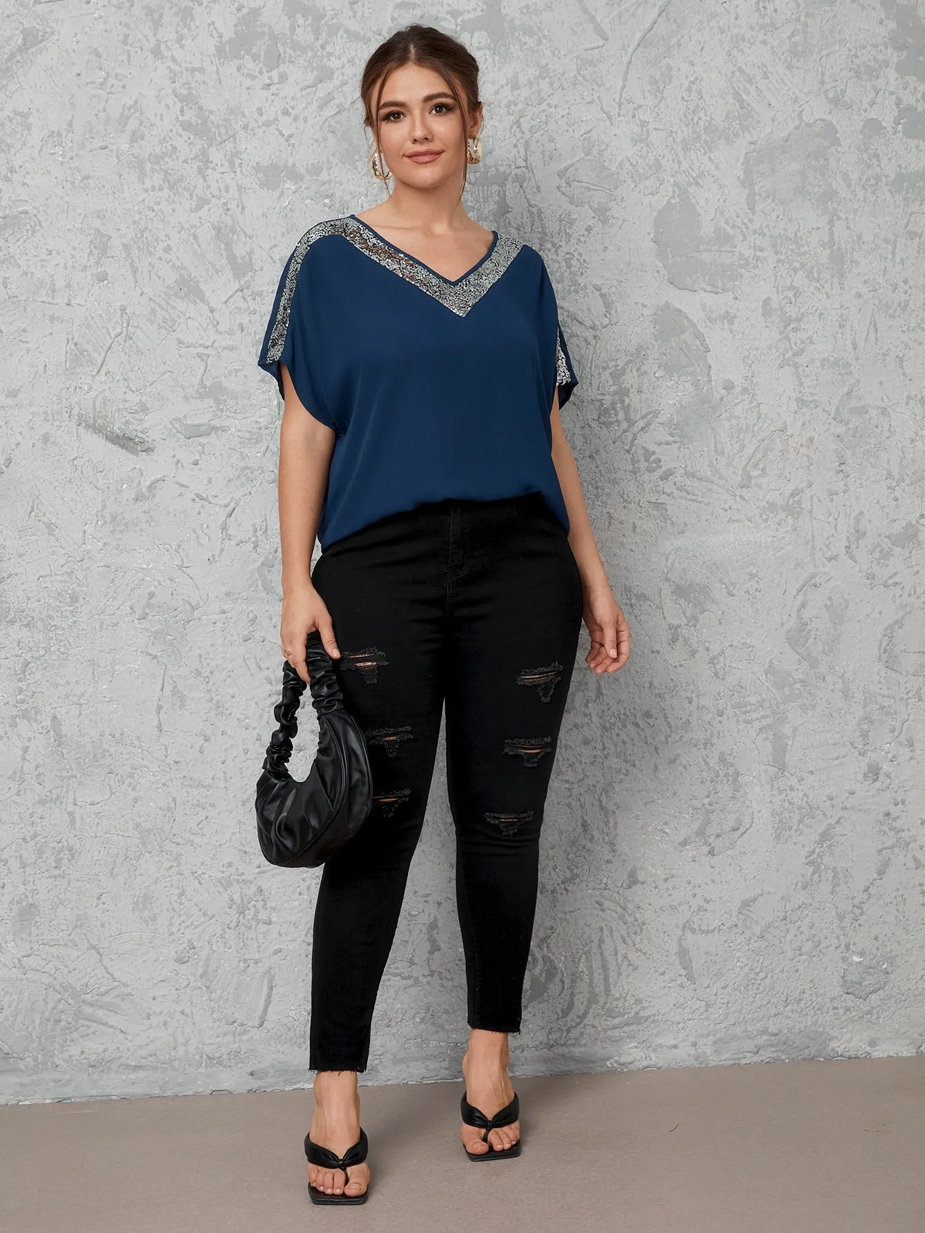Colorblock Contrast Sequin Short Sleeve V Neck Long Plus Size Blouse