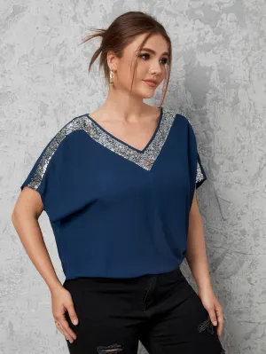 Colorblock Contrast Sequin Short Sleeve V Neck Long Plus Size Blouse
