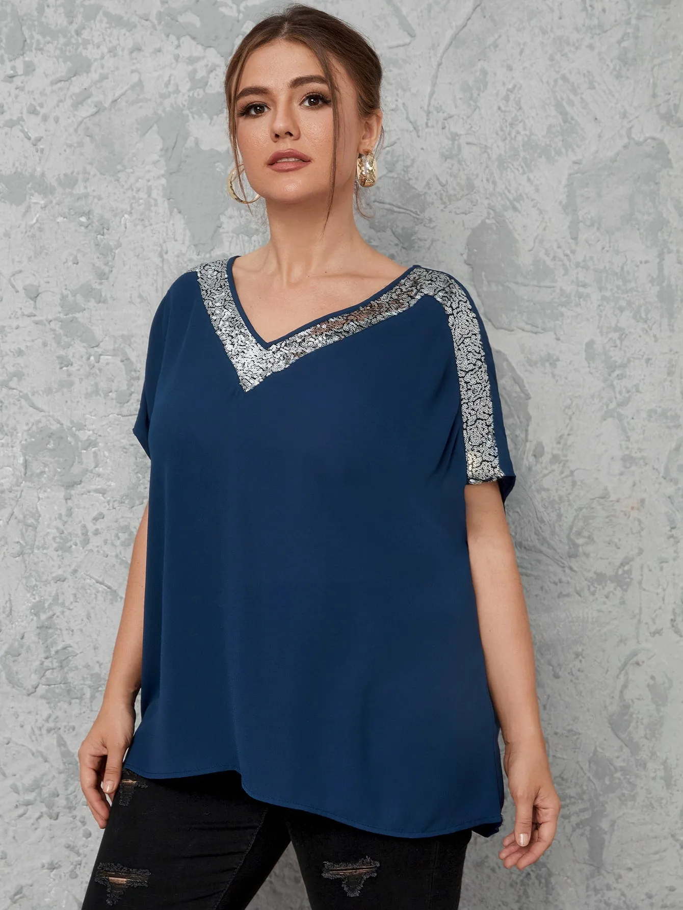 Colorblock Contrast Sequin Short Sleeve V Neck Long Plus Size Blouse