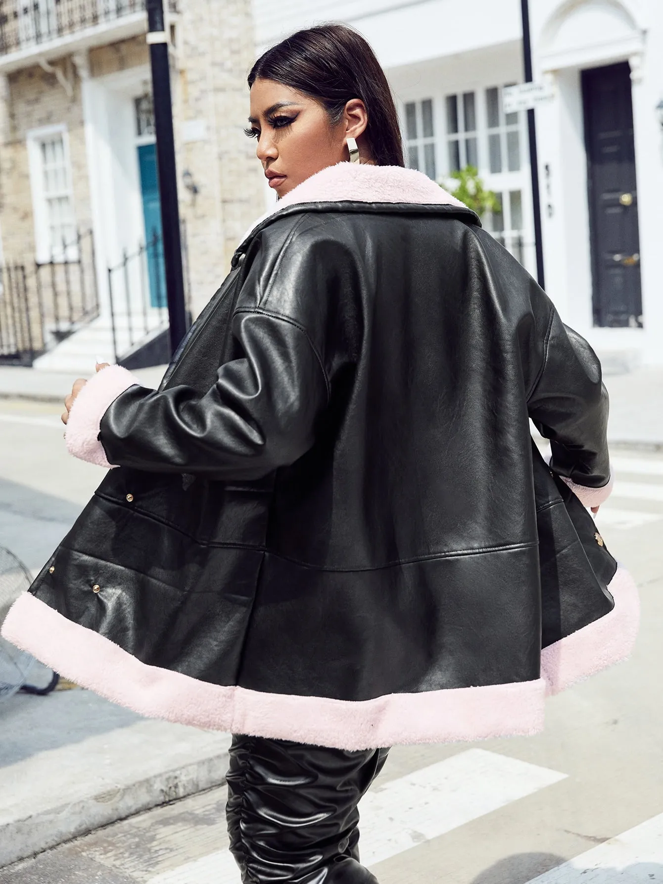 Colorblock Double Button Long Sleeve Lapel Short Plus Size Coat