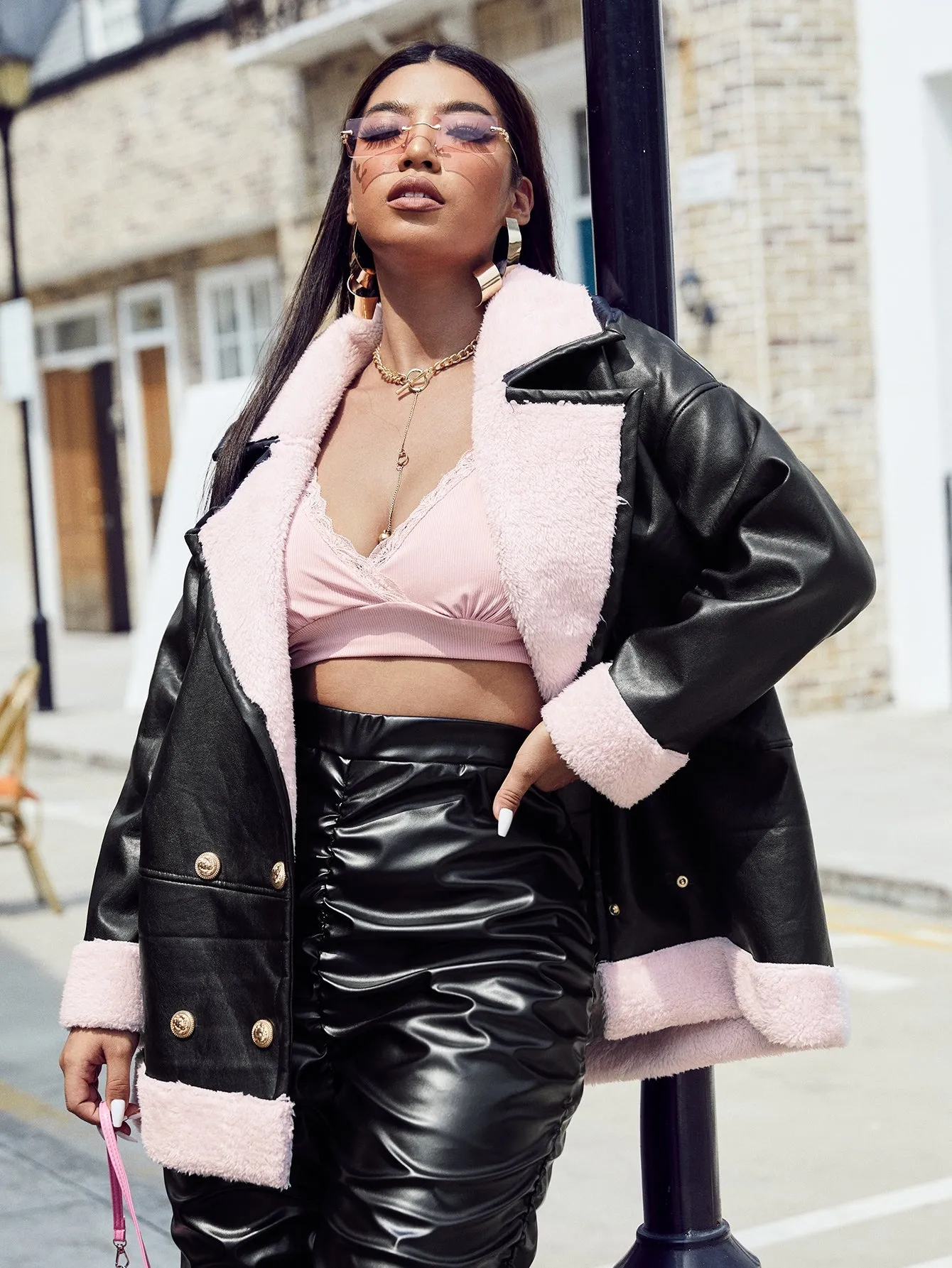 Colorblock Double Button Long Sleeve Lapel Short Plus Size Coat