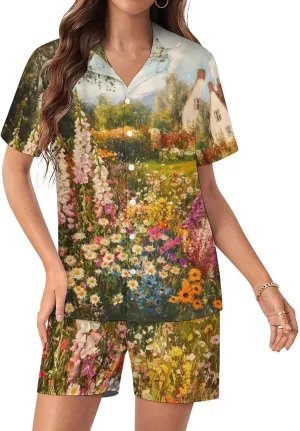 Colorful Flowers Garden Satin Pajamas For Women Set Botton Down Short Sleeves Silk Sleepwear
