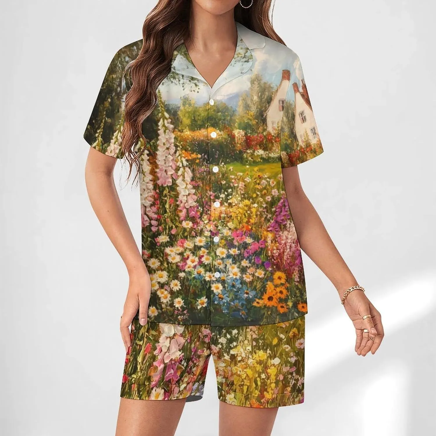 Colorful Flowers Garden Satin Pajamas For Women Set Botton Down Short Sleeves Silk Sleepwear