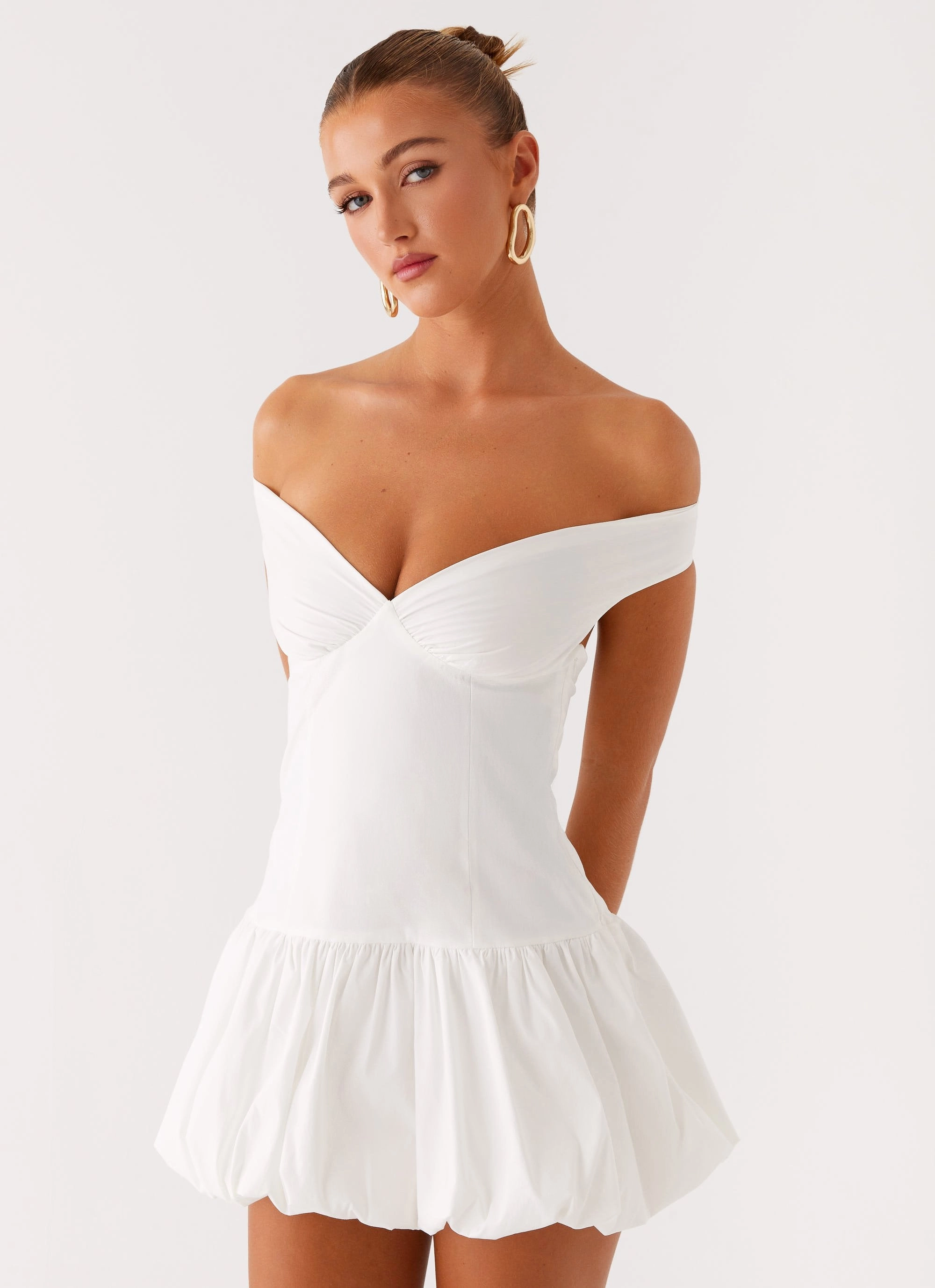 Endless Romance Off Shoulder Mini Dress - White Bell-Sleeve