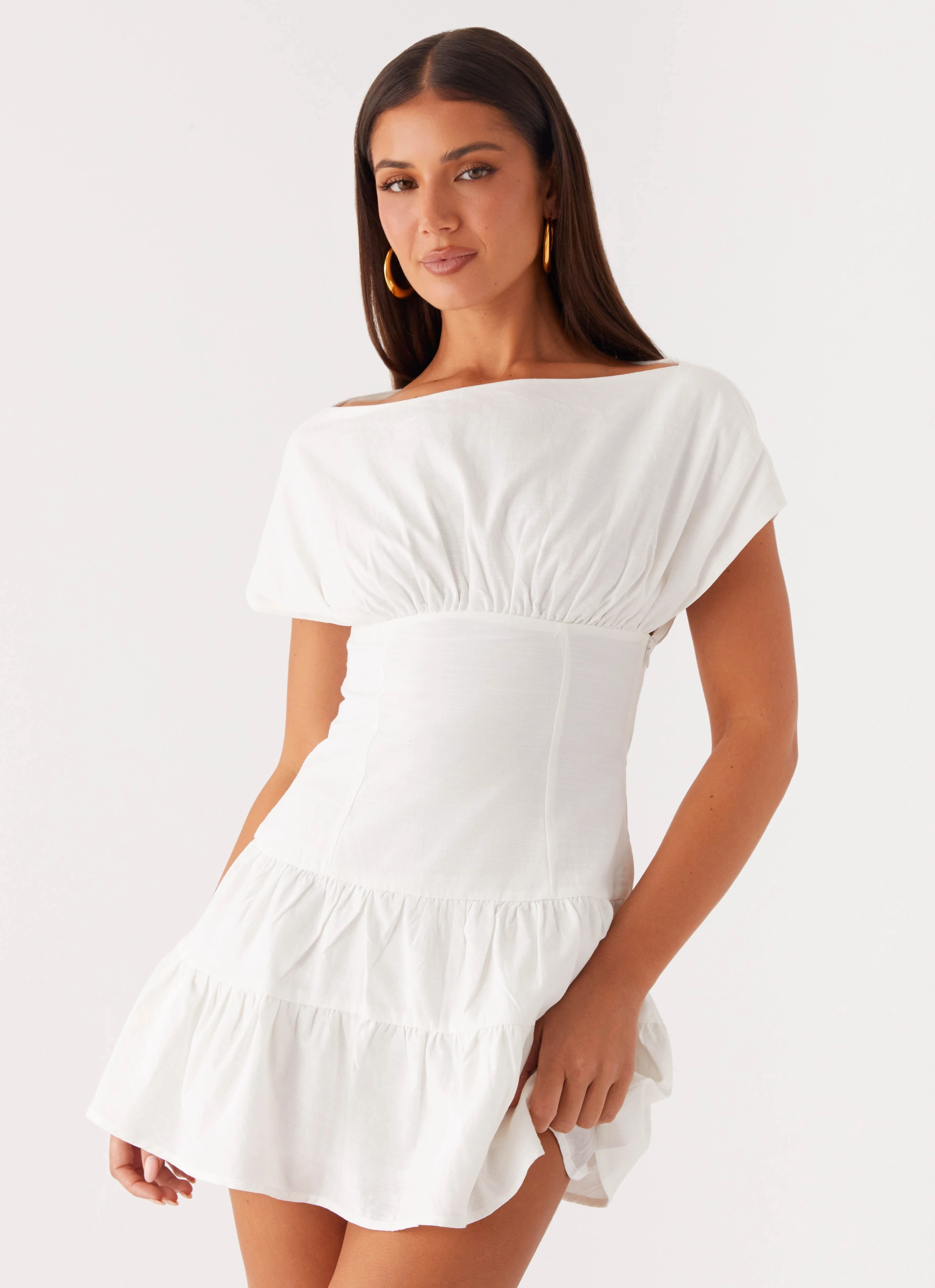 Soft Structure Elastic-Waist Ember Haze Boat Neck Mini Dress - Off White