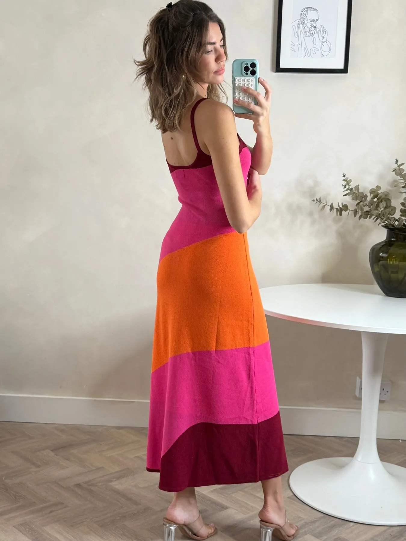 Colourblock Strappy Knitted Midi Dress in Orange & pink Rose Soft