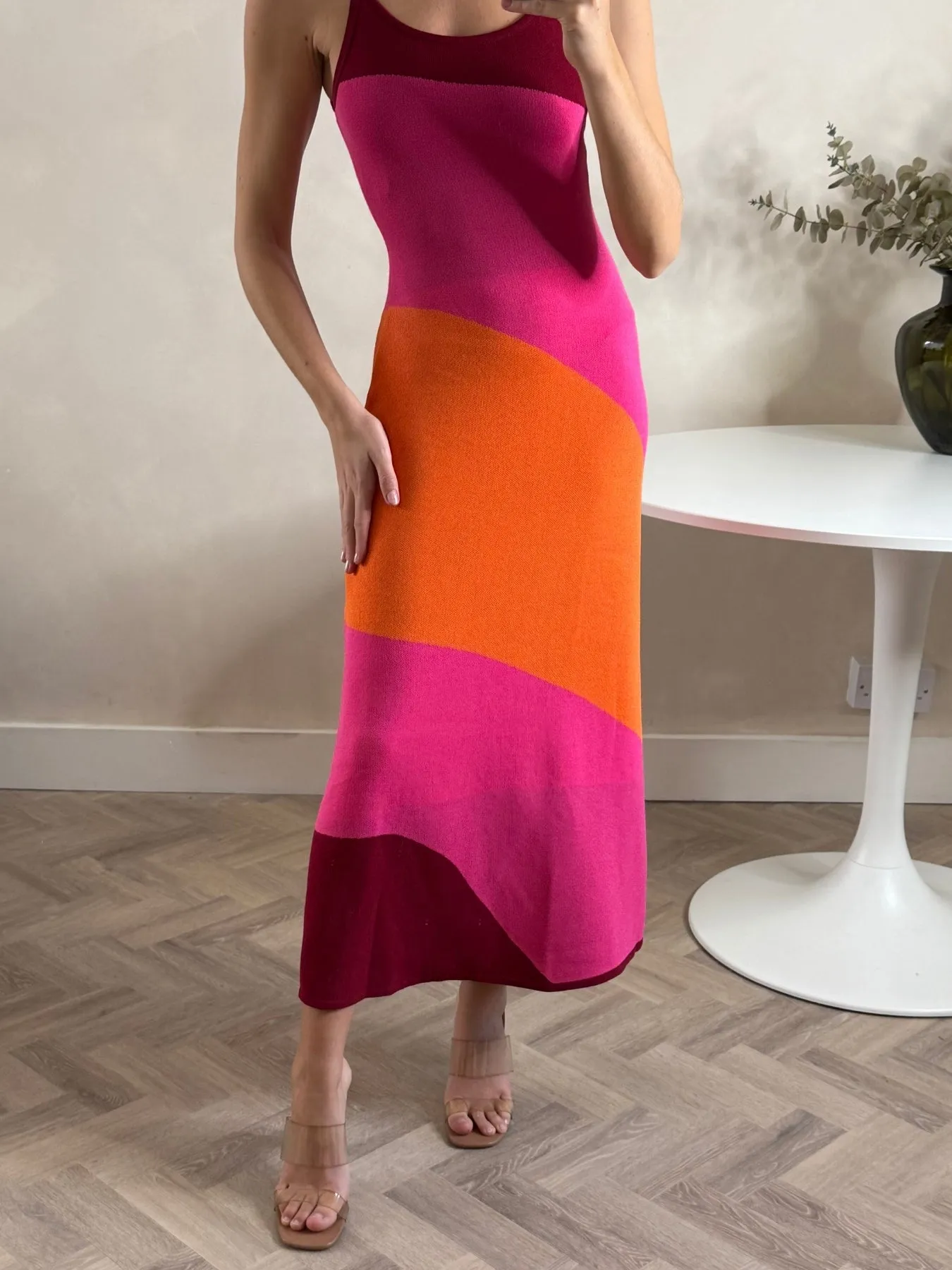 Timeless Soft Colourblock Strappy Knitted Midi Dress in Orange & pink