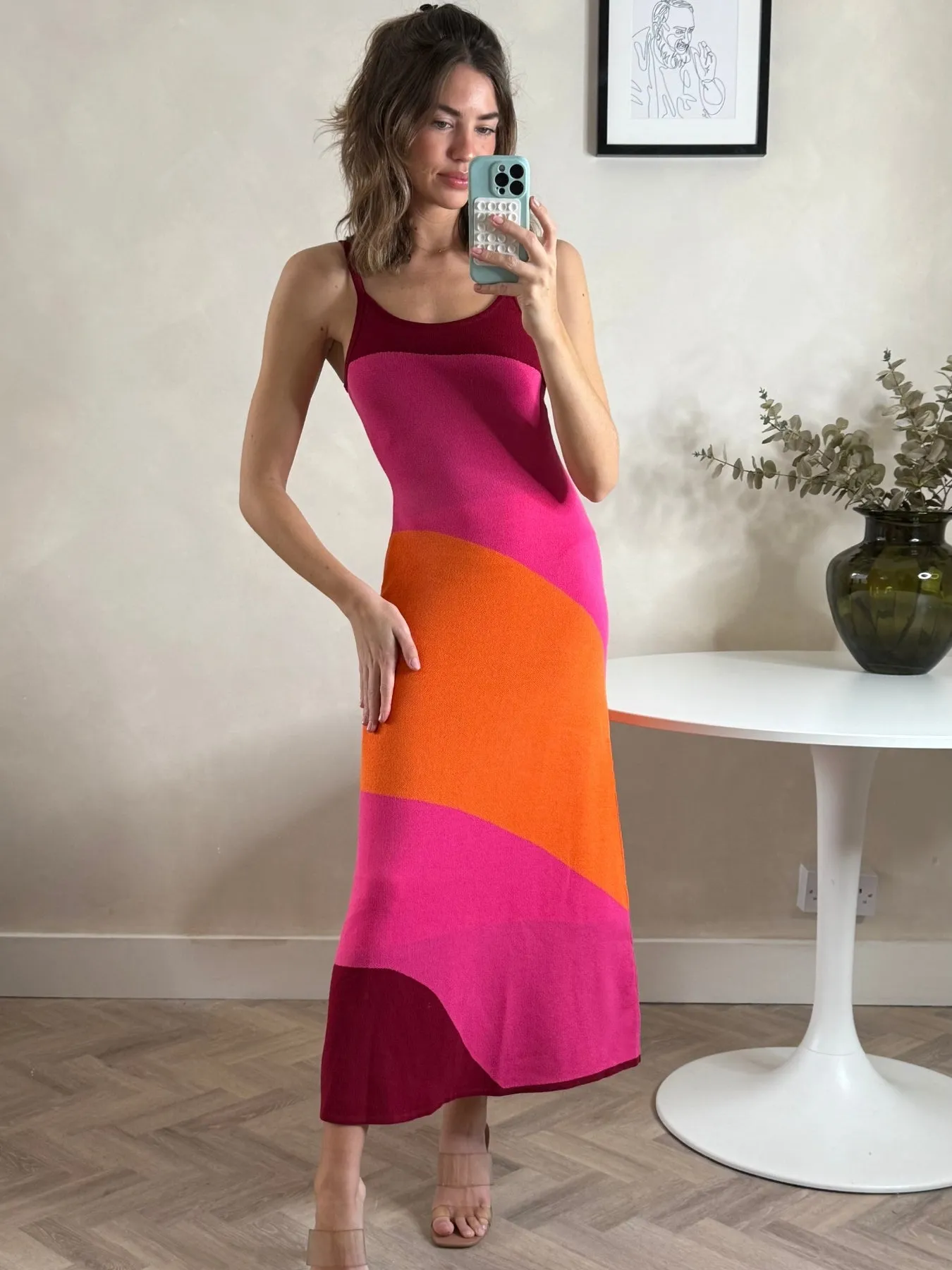 One Piece Look Colourblock Strappy Knitted Midi Dress in Orange & pink
